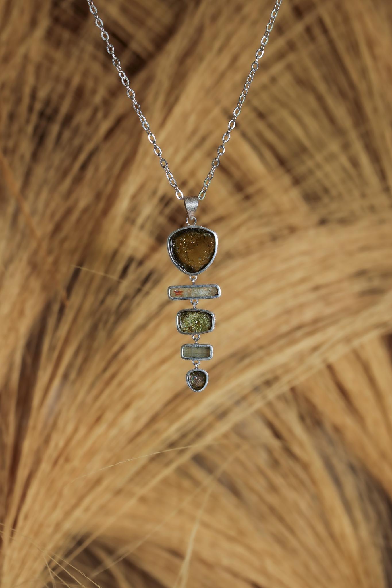 Green Tourmaline Slices, Raw Australian Aquamarine Sticks, Textured 925 Sterling Silver Pendant, Raw Crystal Jewelry, Healing Stone Gift