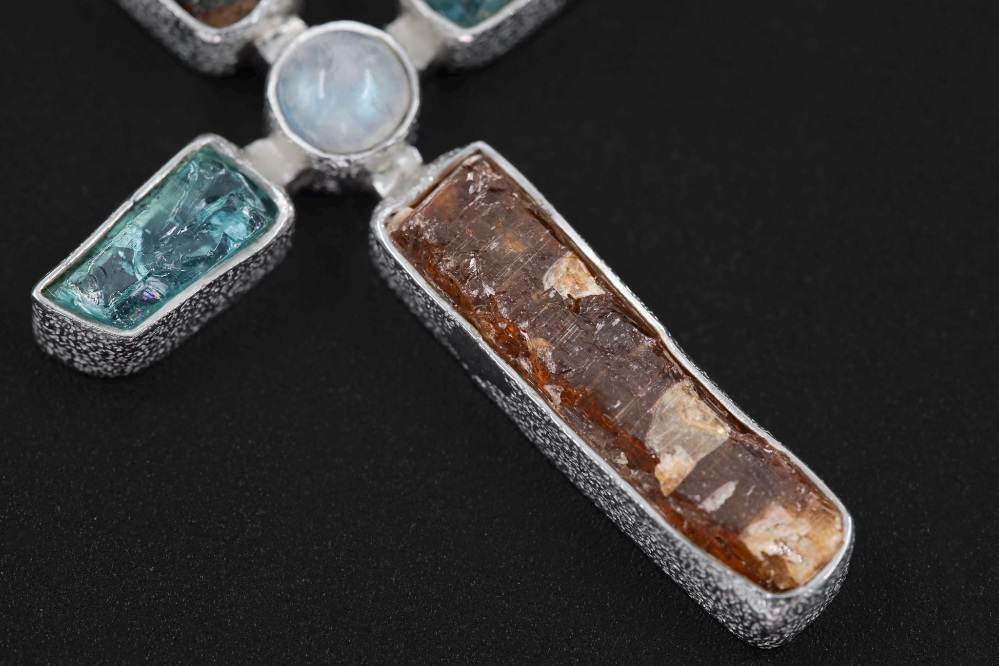 Red Kyanite Moonstone Cross Pendant: Raw Stone 925 Sterling Silver