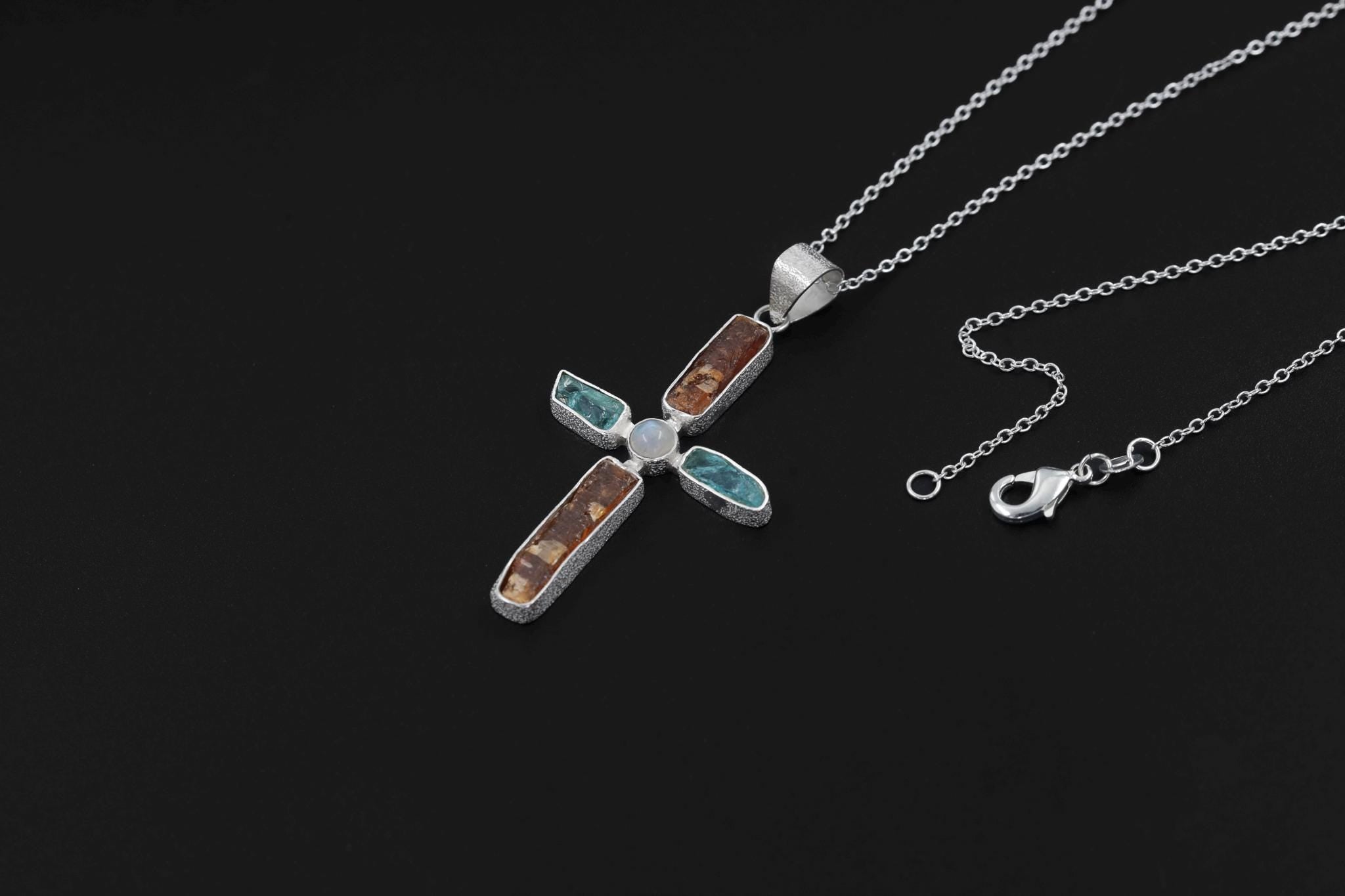 Red Kyanite Moonstone Cross Pendant: Raw Stone 925 Sterling Silver