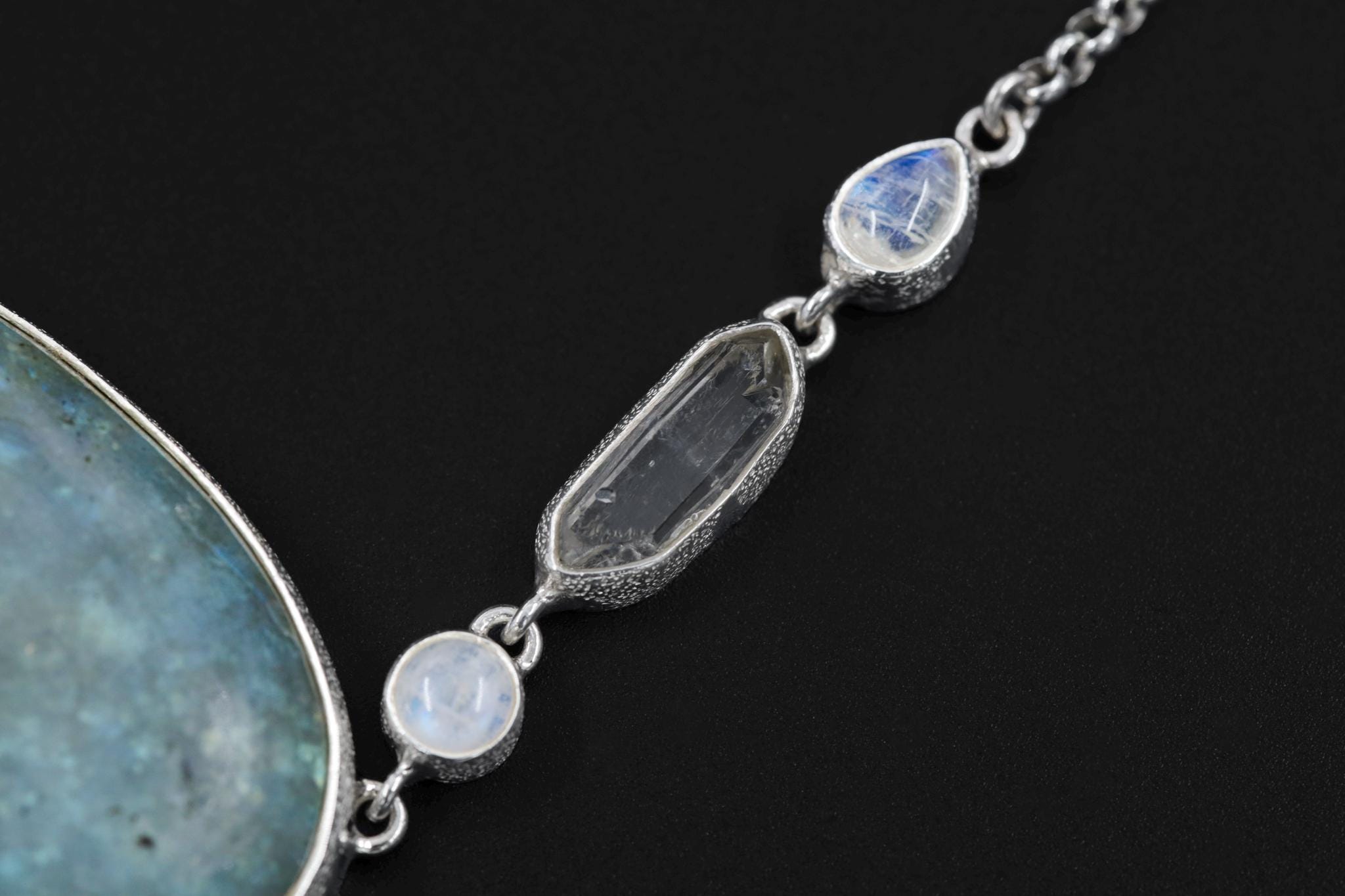 Vibrant Labradorite, Blue Moonstone, Clear double terminated Quartz Necklace, 925 Silver, Rolo Chain, Stone Jewelry, Organic Texture Gift