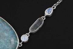 Vibrant Labradorite, Blue Moonstone, Clear double terminated Quartz Necklace, 925 Silver, Rolo Chain, Stone Jewelry, Organic Texture Gift