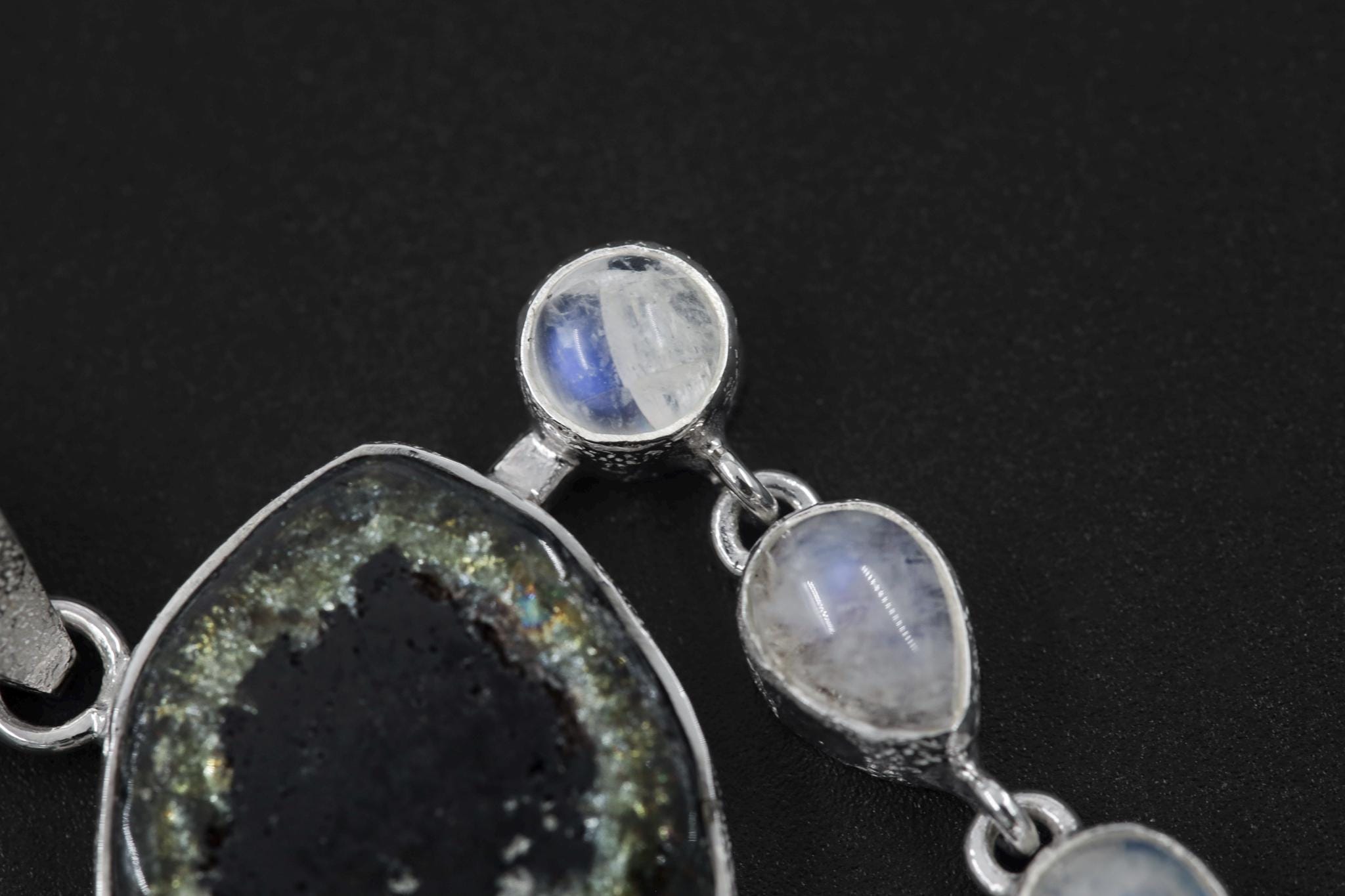 Spiritual Talisman Jewelry, Green Gem Tourmaline Slice, Blue Teardrop Moonstone Pendant, 925 Silver, Polished Organic Texture, Unique Gift
