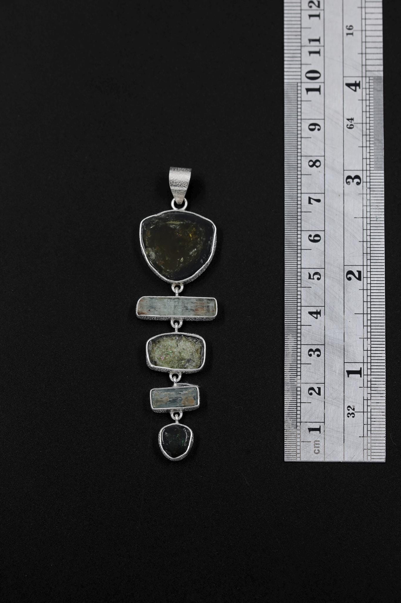 Green Tourmaline Slices, Raw Australian Aquamarine Sticks, Textured 925 Sterling Silver Pendant, Raw Crystal Jewelry, Healing Stone Gift