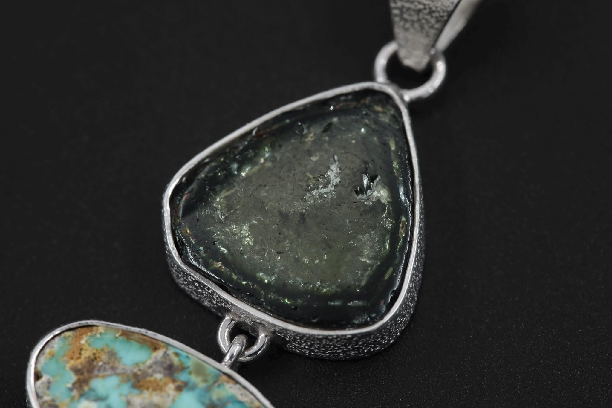 Green Tourmaline Gem Slice, Arizona Turquoise, DT Clear Quartz Point, Kunzite Pendant, 925 Silver, Organic Texture, Spiritual Jewelry Gift