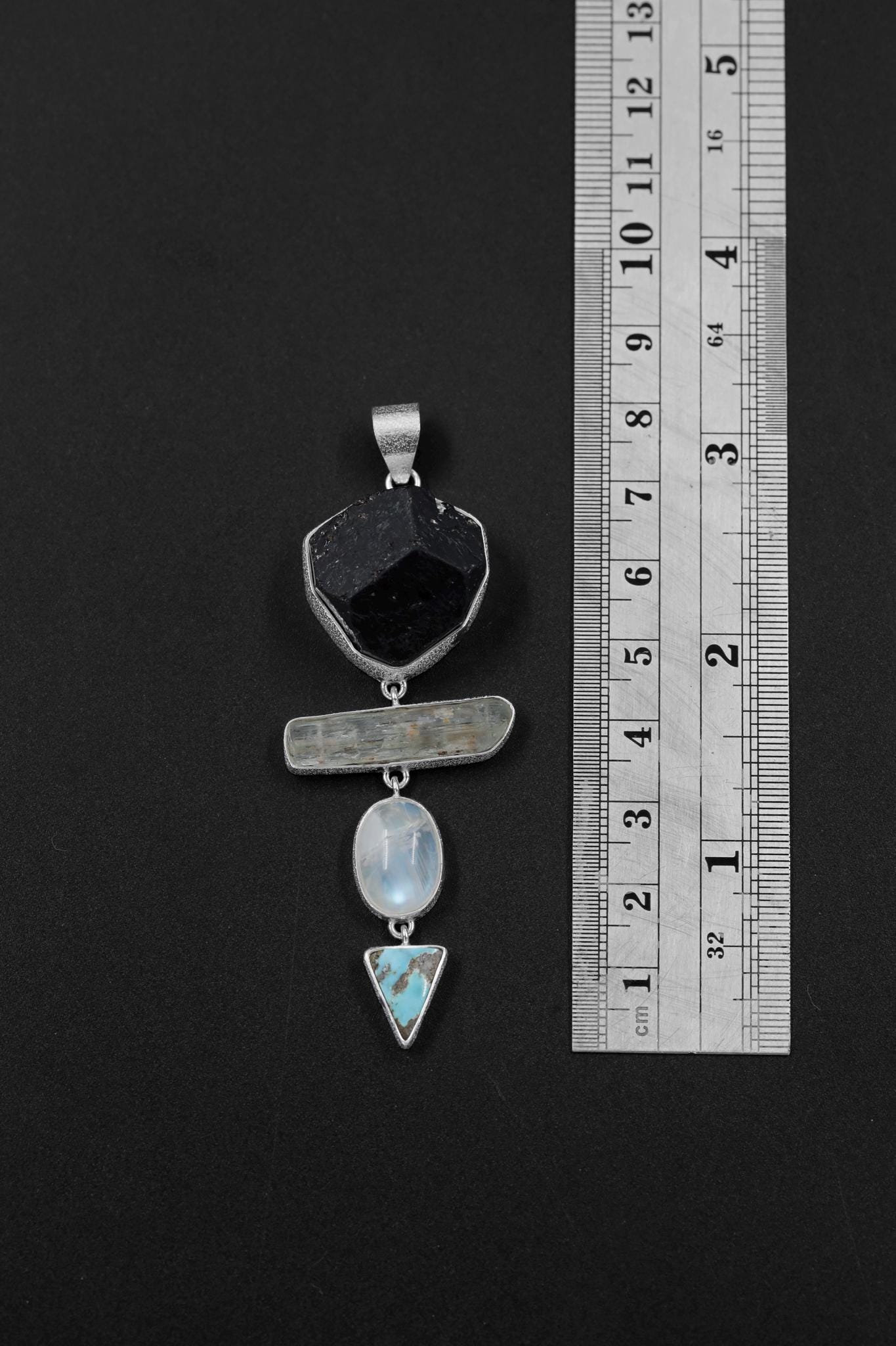 Raw Crystal Talisman Gift Dravite Tourmaline, Raw Aquamarine, blue Moonstone, Arizona Turquoise Pendant, Organic Texture 925 Silver