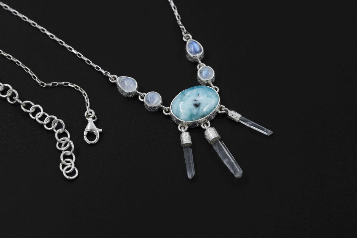 Larimar Moonstone Quartz Necklace, 925 Silver Box Chain, Healing Crystal Jewelry