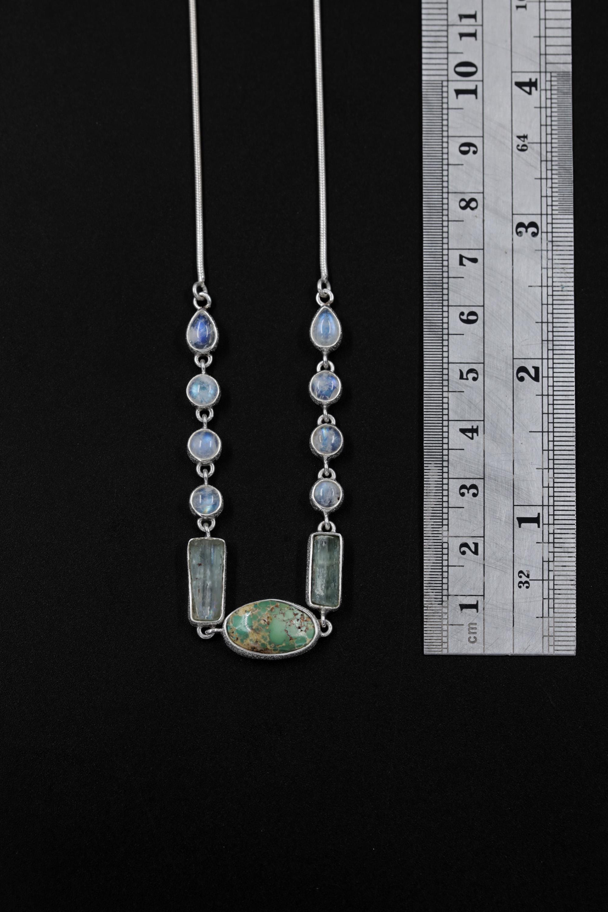 Arizona Turquoise, Aquamarine, Moonstone Necklace, 925 Silver Snake Chain, Raw Crystals, Boho Jewelry, Chakra Healing Gift, Organic Texture