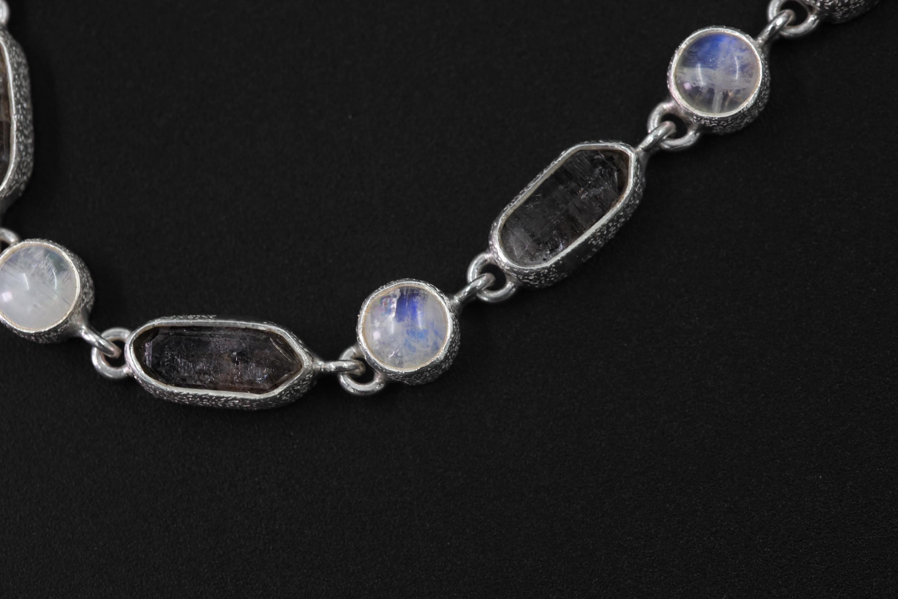 Petroleum Smoky Quartz Moonstone Necklace, 925 Silver, Raw Crystal Collar, High Shine Rolo Chain, Crown Chakra, Mystic Boho Jewelry