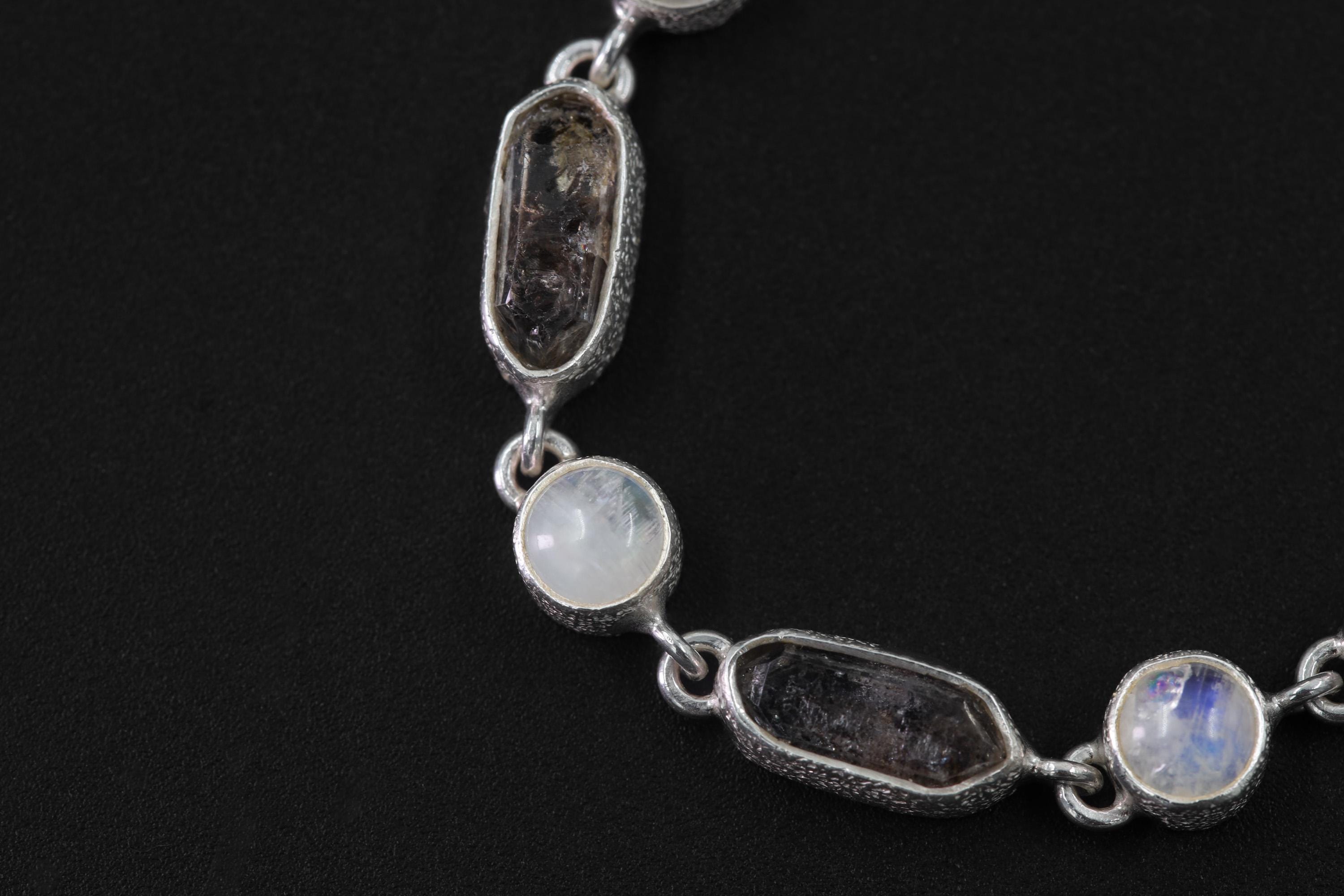 Petroleum Smoky Quartz Moonstone Necklace, 925 Silver, Raw Crystal Collar, High Shine Rolo Chain, Crown Chakra, Mystic Boho Jewelry