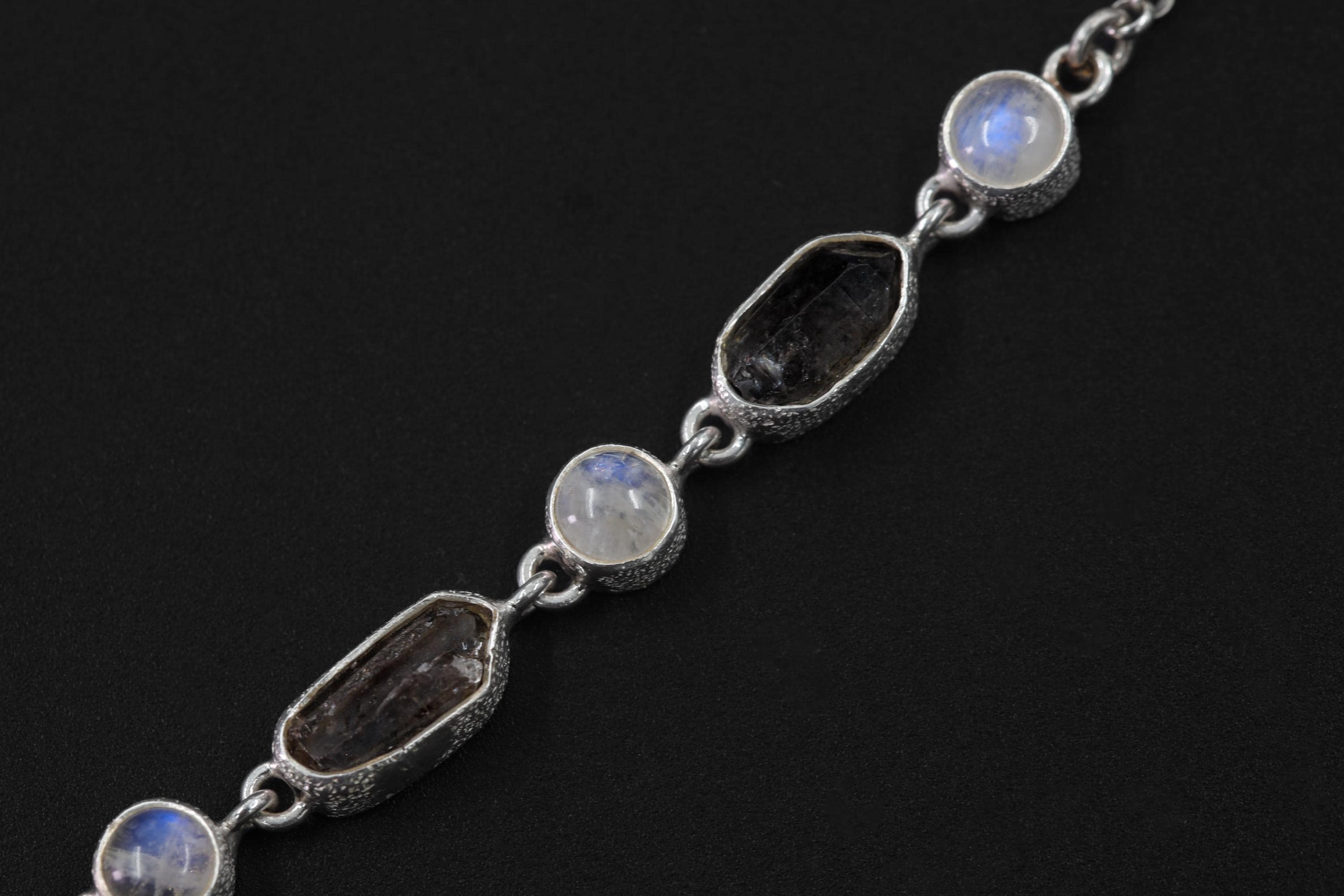 Petroleum Smoky Quartz Moonstone Necklace, 925 Silver, Raw Crystal Collar, High Shine Rolo Chain, Crown Chakra, Mystic Boho Jewelry