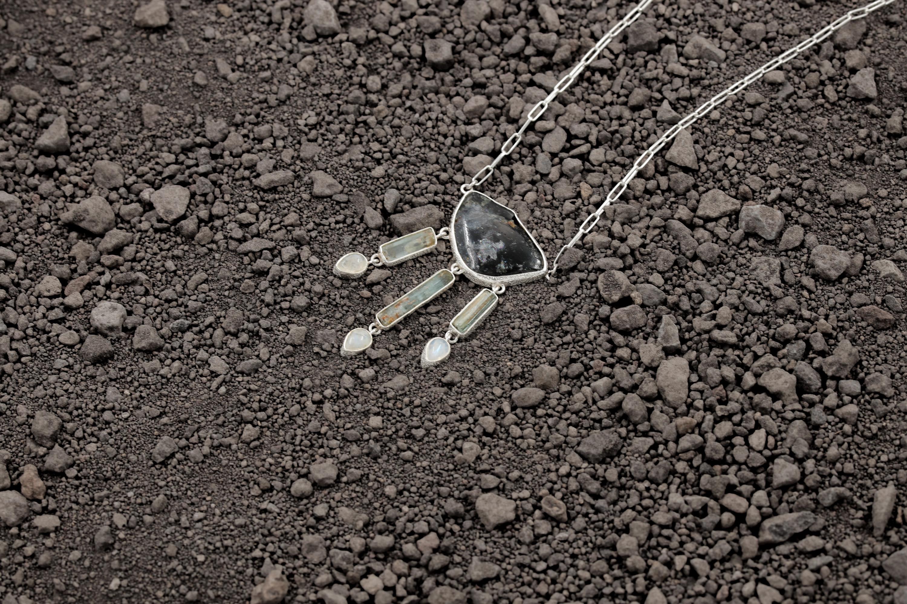 Slice of Gem Blue tourmaline, Raw Aquamarine sticks, Lemurian Angel Aura Quartz, Blue Moonstone Necklace, 925 Silver, High Shine Finish