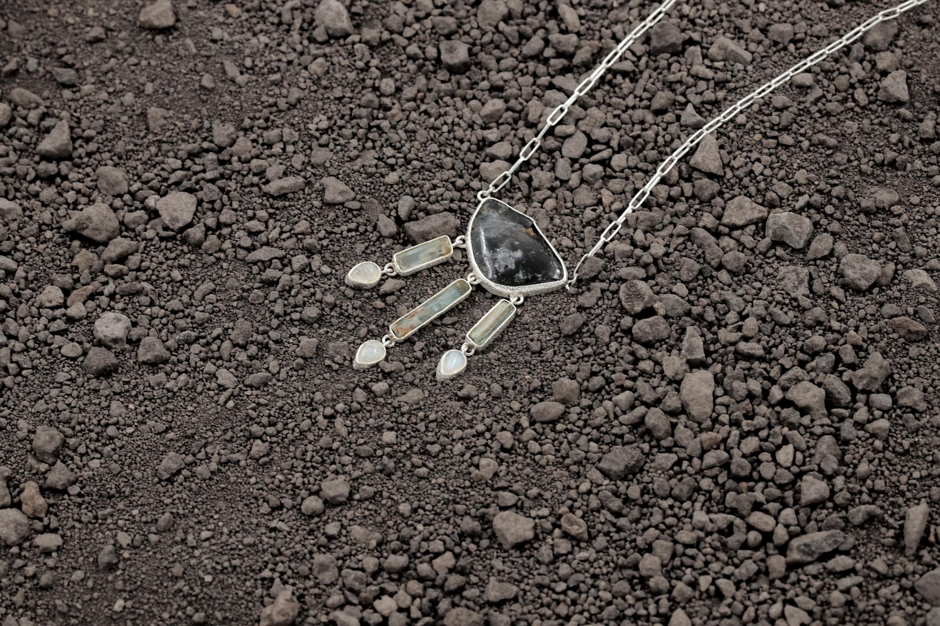 Slice of Gem Blue tourmaline, Raw Aquamarine sticks, Lemurian Angel Aura Quartz, Blue Moonstone Necklace, 925 Silver, High Shine Finish