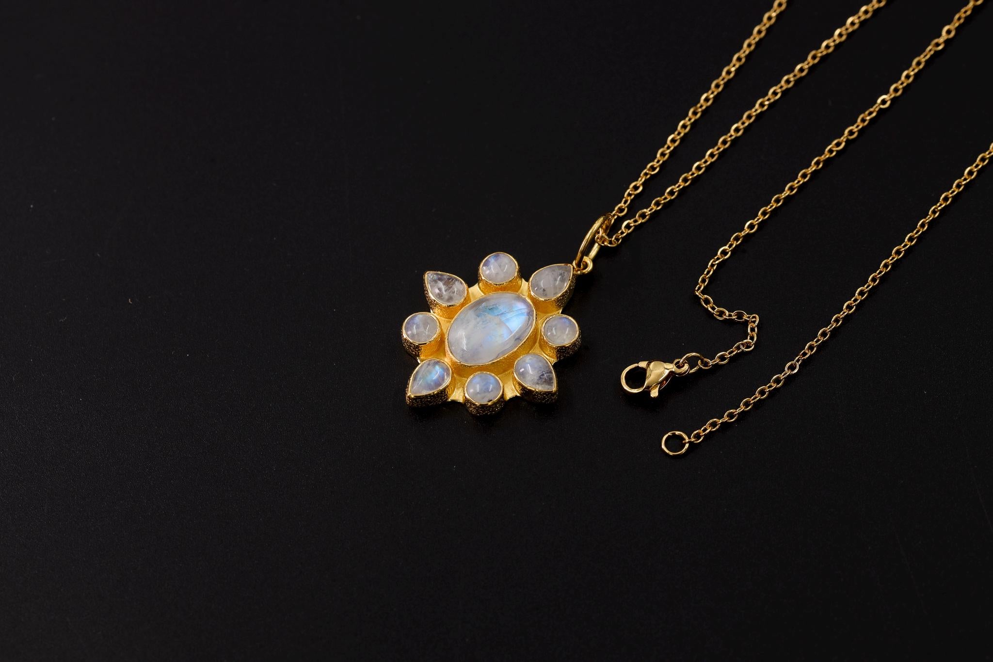 blue moonstone flower necklace on gold chain