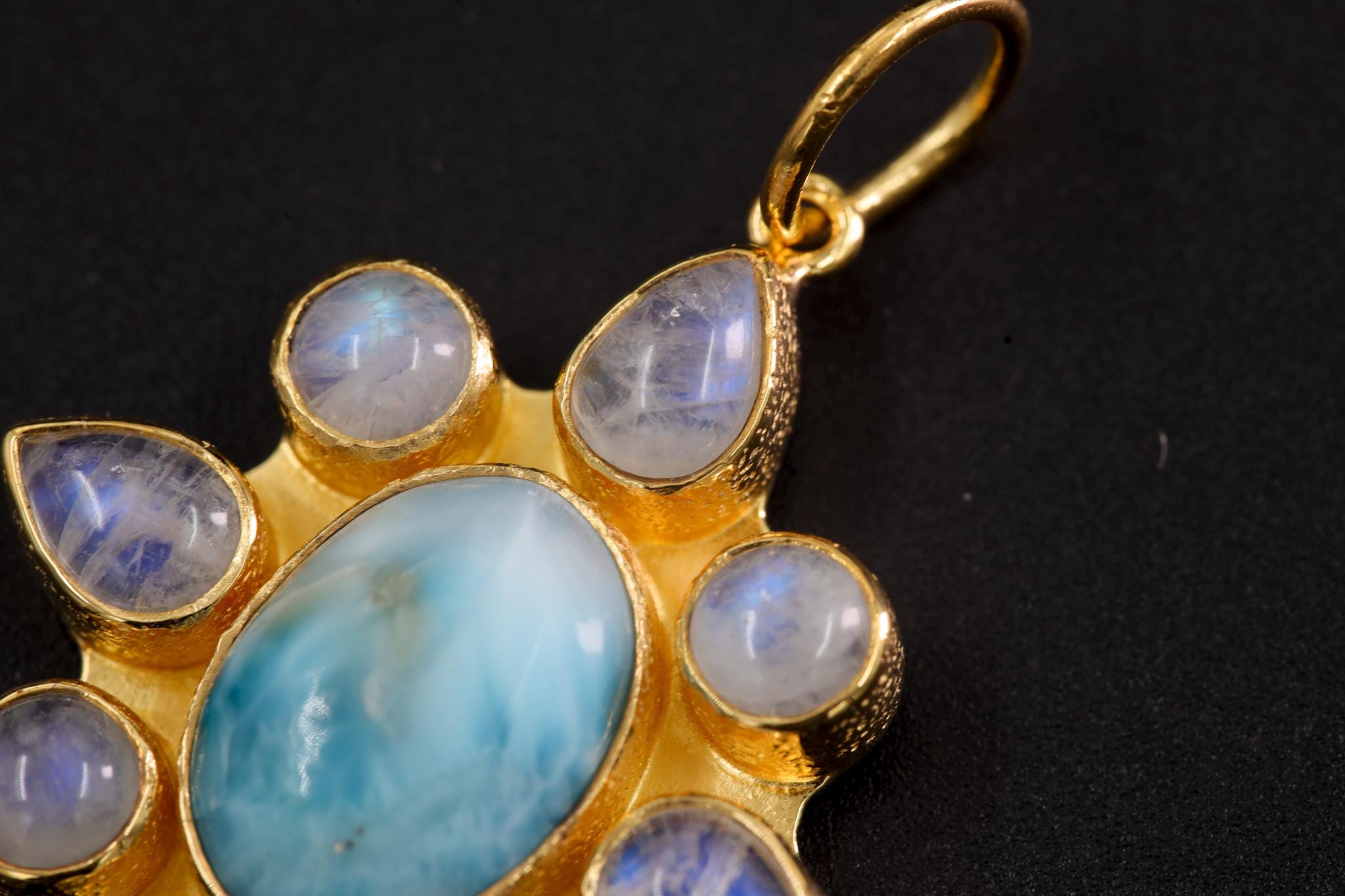 Larimar, Blue Moonstone Flower Pendant, 925 Silver, 18K Gold Plated, Handmade Boho Jewelry, Ocean Energy Amulet, Intuition & Calmness