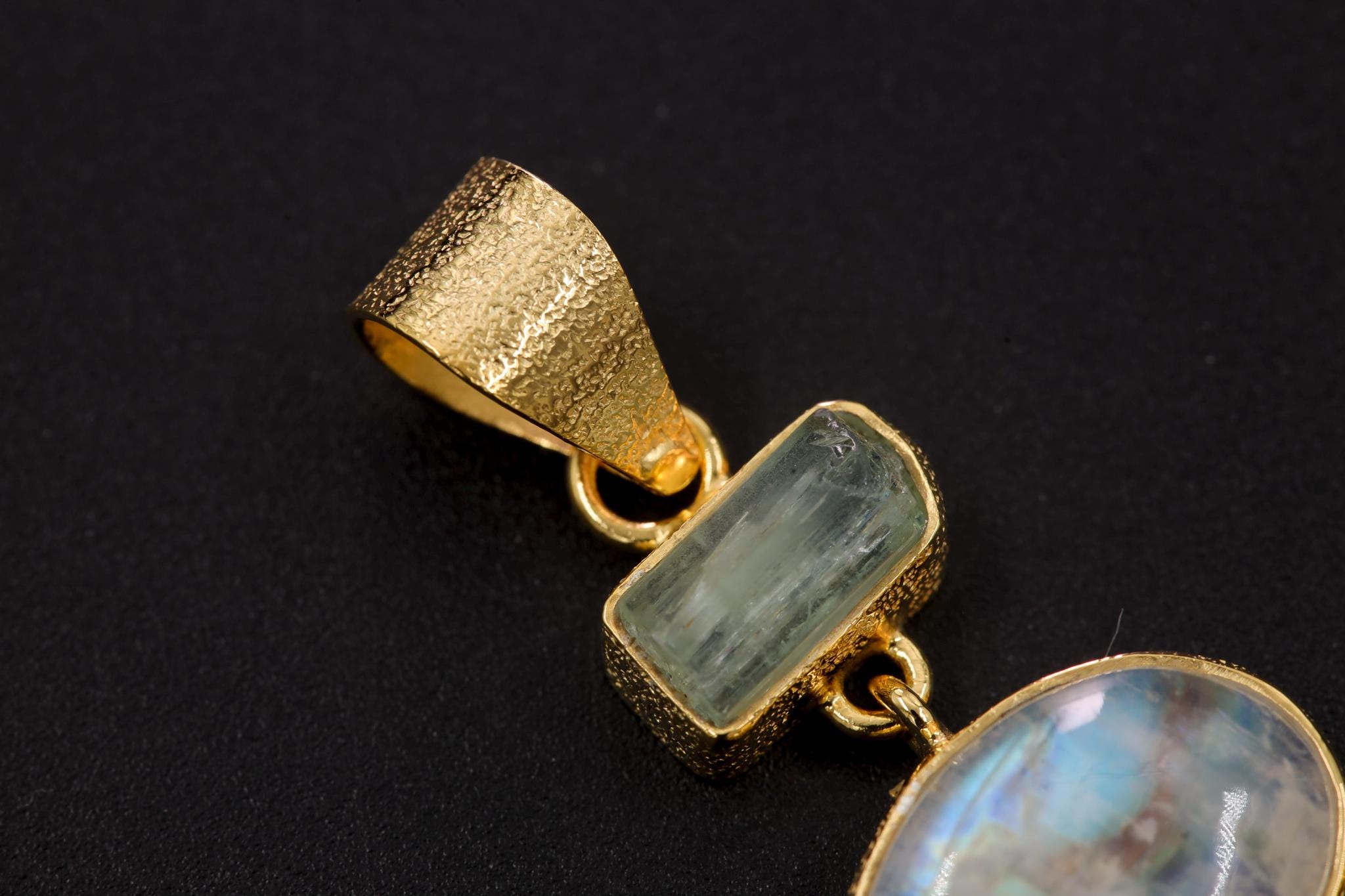 Aquamarine Moonstone Pearl Pendant, 925 Gold Plated Talisman, Raw Stick Pearls, Dreamcatcher Necklace, Crown Chakra, Ocean Energy Gift