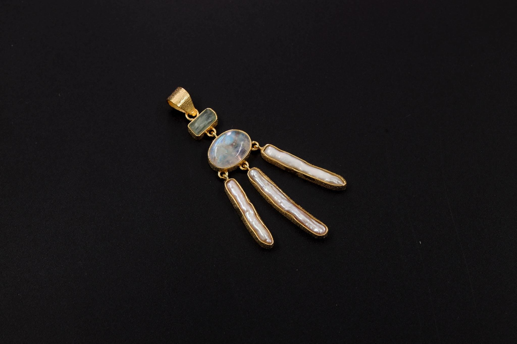 Aquamarine Moonstone Pearl Pendant, 925 Gold Plated Talisman, Raw Stick Pearls, Dreamcatcher Necklace, Crown Chakra, Ocean Energy Gift