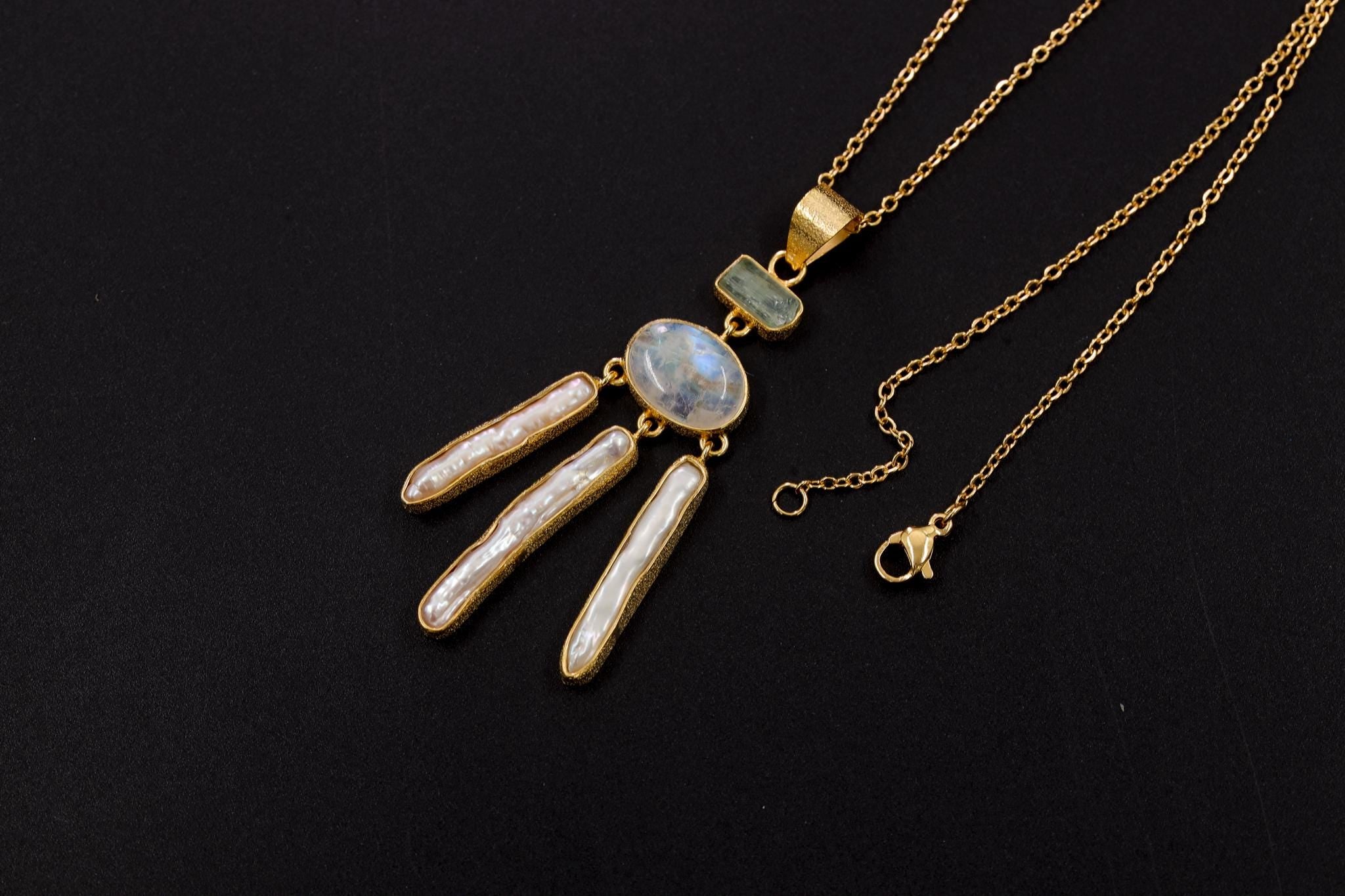 Aquamarine Blue Moonstone Quartz Pendant, 925 Silver 18K Gold Plated, Raw Crystal Dangle Necklace, Crown Chakra, Dream Catcher Jewelry