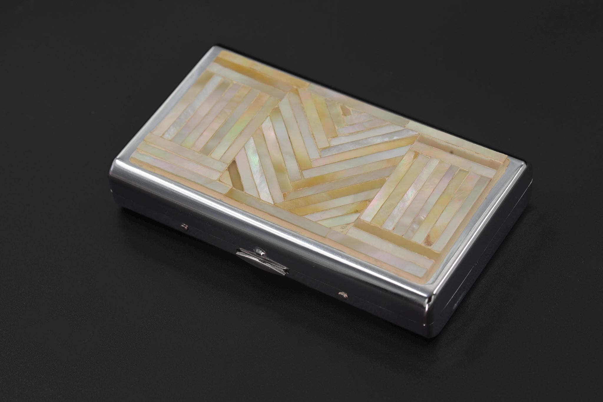 Art Deco Mother of Pearl Cigarette Box Chevron Shell Inlay Keepsake Stainless Steel Mini Case Handmade Jewelry Gift