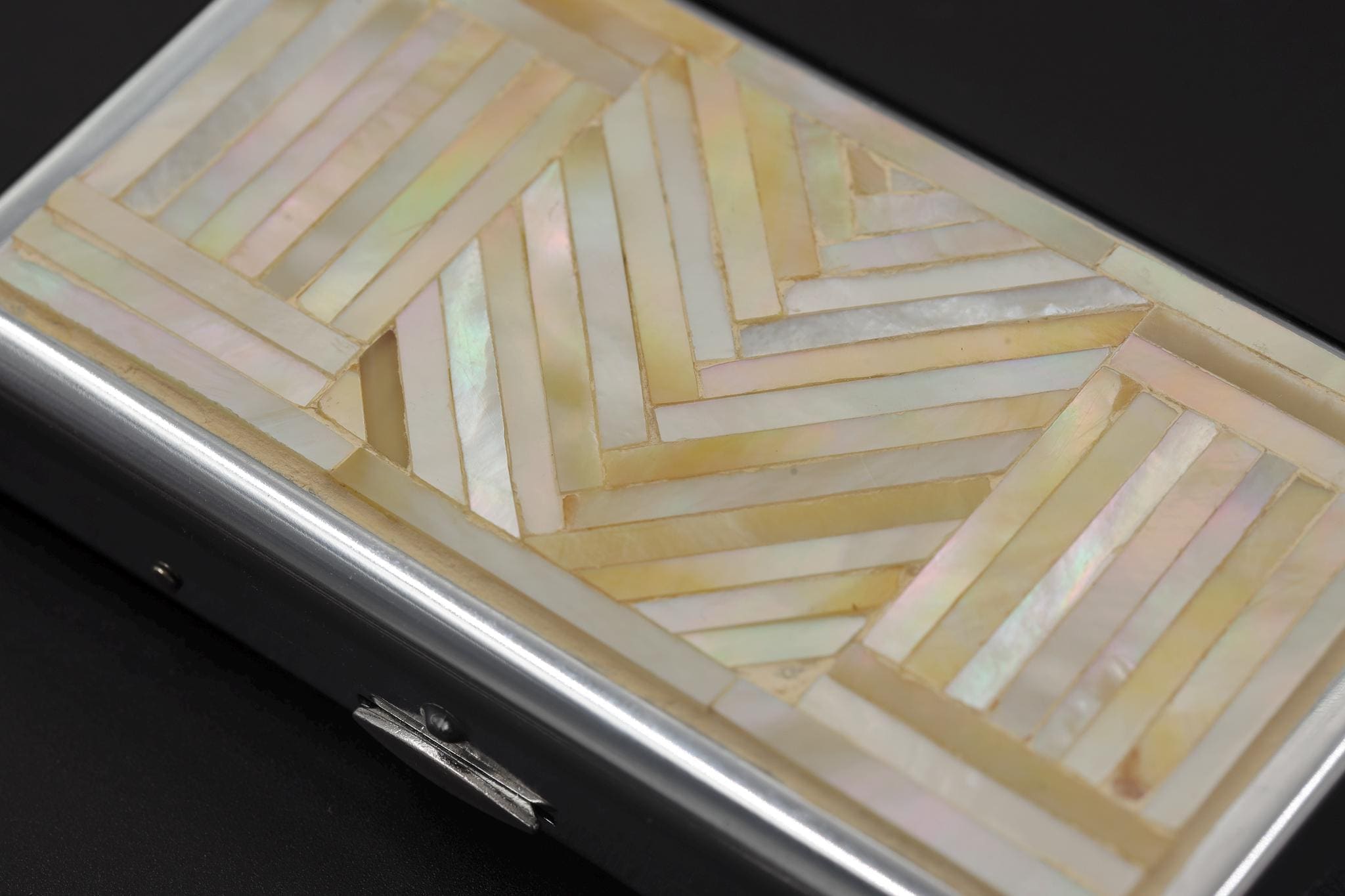 Art Deco Mother of Pearl Cigarette Box Chevron Shell Inlay Keepsake Stainless Steel Mini Case Handmade Jewelry Gift