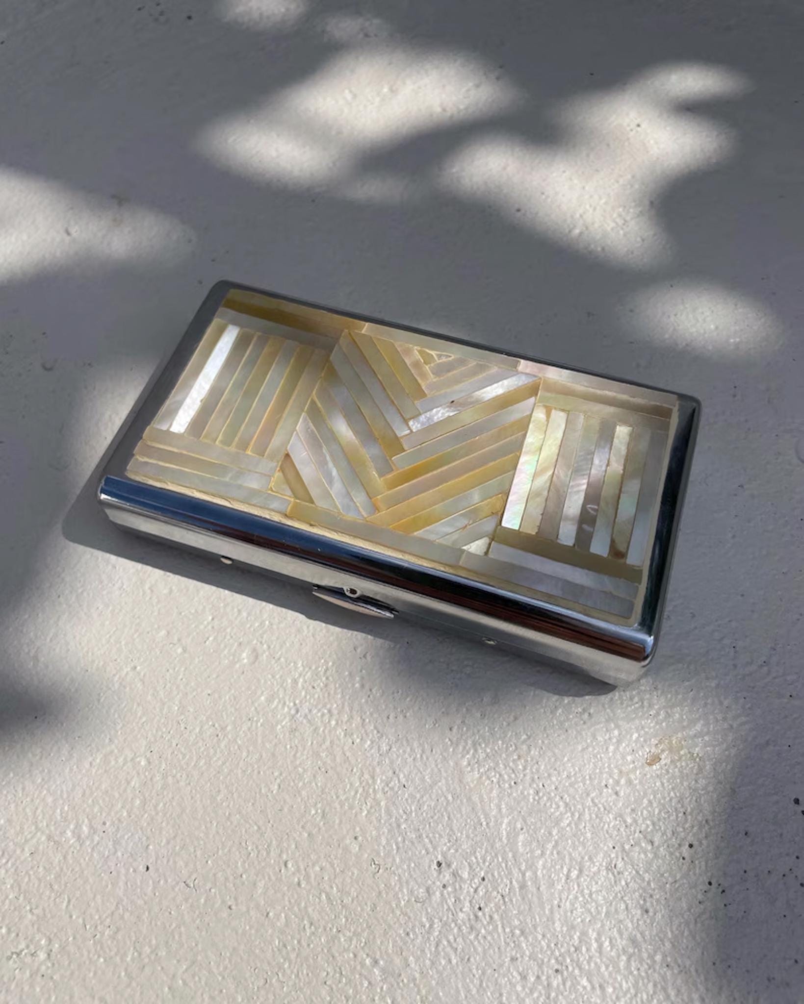 Art Deco Mother of Pearl Cigarette Box Chevron Shell Inlay Keepsake Stainless Steel Mini Case Handmade Jewelry Gift