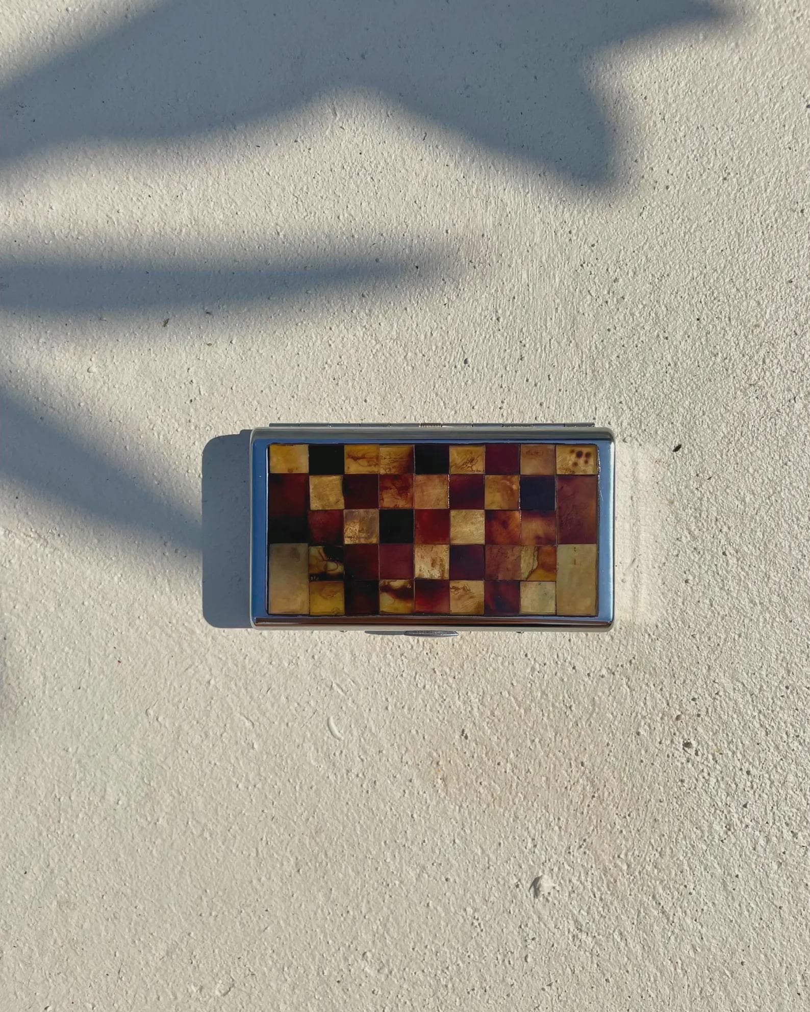 Orwell Checkerboard Cigarette Case, Slim Metal Box with Shell Inlay, Modern Minimalist Smoking Accessory, Vintage Gift for Smokers