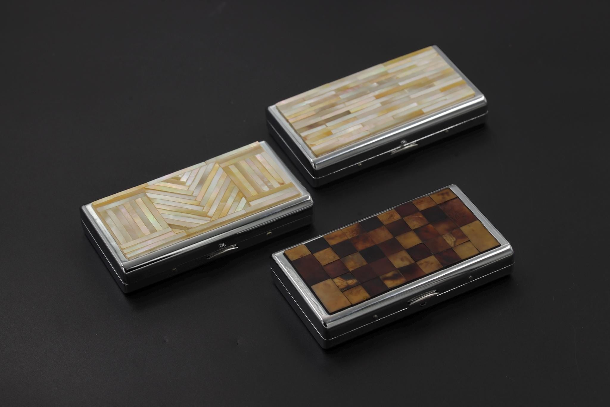Orwell Checkerboard Cigarette Case, Slim Metal Box with Shell Inlay, Modern Minimalist Smoking Accessory, Vintage Gift for Smokers