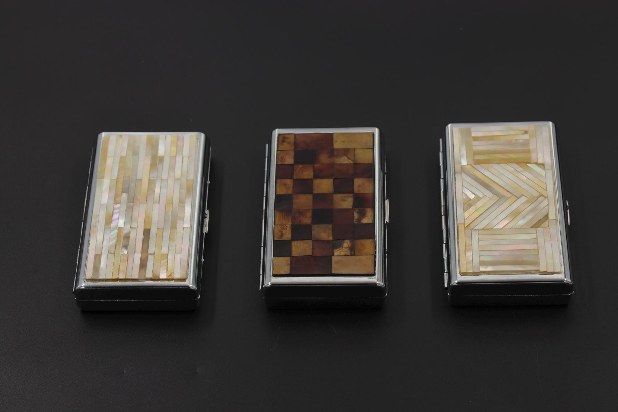 Orwell Checkerboard Cigarette Case, Slim Metal Box with Shell Inlay, Modern Minimalist Smoking Accessory, Vintage Gift for Smokers