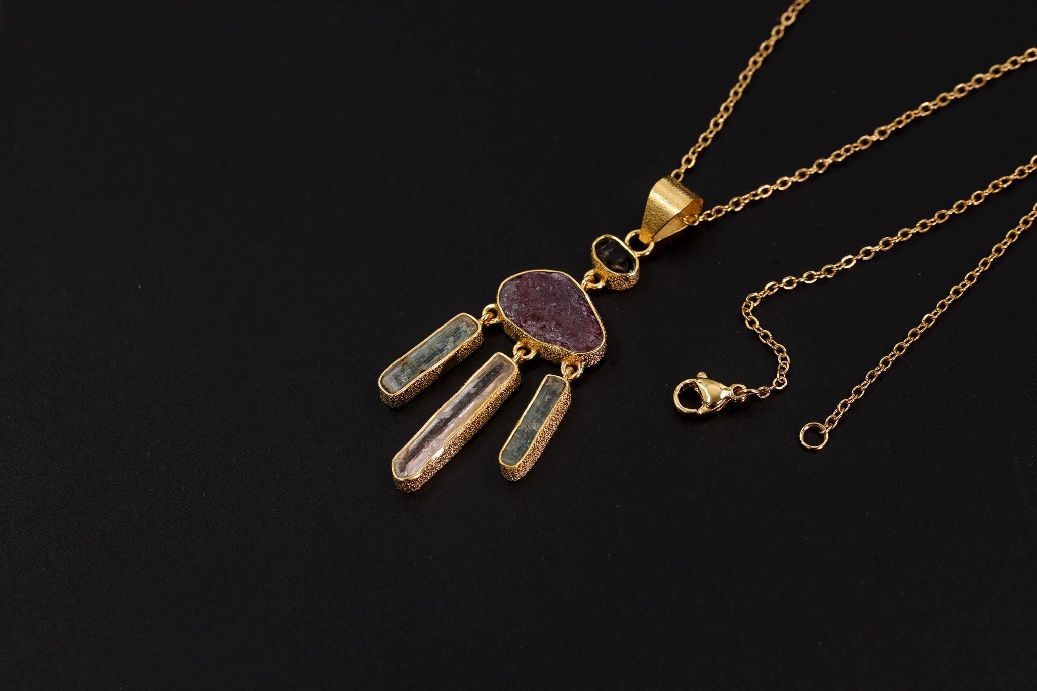 Ruby Aquamarine Quartz Dreamcatcher Pendant, Petroleum Quartz Talisman, 18k Gold Over 925 Silver, Heart & Throat Chakra Healing Gift