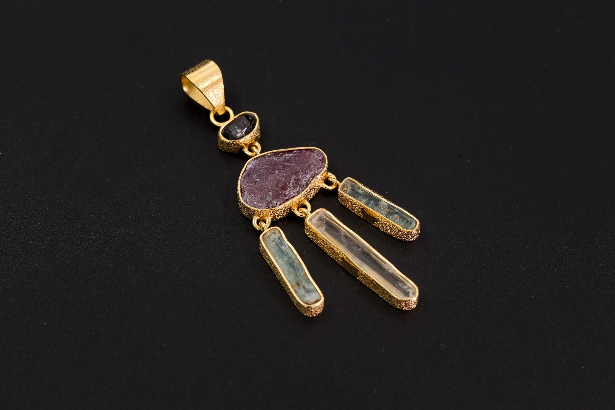 Ruby Aquamarine Quartz Dreamcatcher Pendant, Petroleum Quartz Talisman, 18k Gold Over 925 Silver, Heart & Throat Chakra Healing Gift