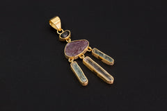 Ruby Aquamarine Quartz Dreamcatcher Pendant, Petroleum Quartz Talisman, 18k Gold Over 925 Silver, Heart & Throat Chakra Healing Gift