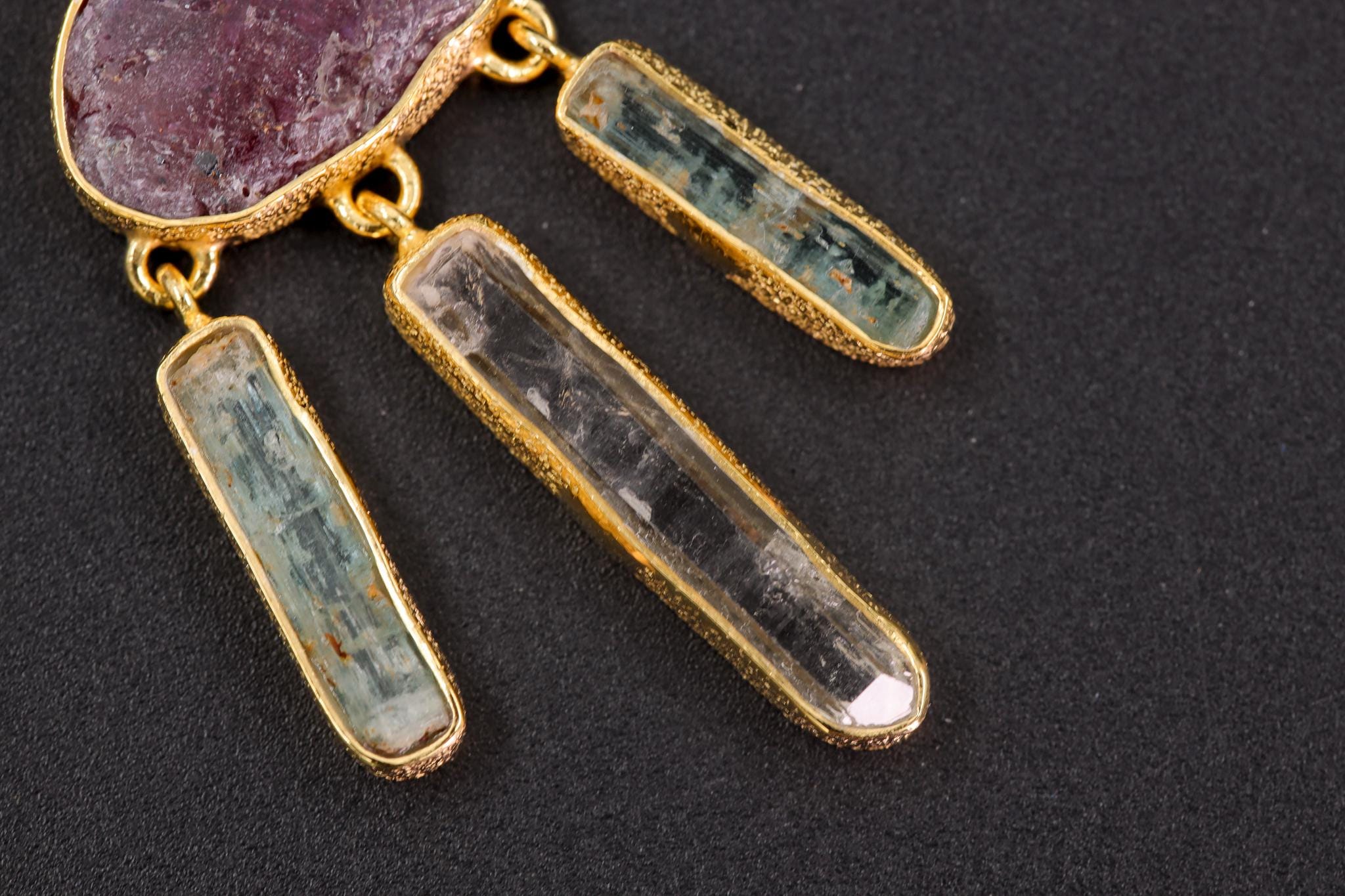 Ruby Aquamarine Quartz Dreamcatcher Pendant, Petroleum Quartz Talisman, 18k Gold Over 925 Silver, Heart & Throat Chakra Healing Gift