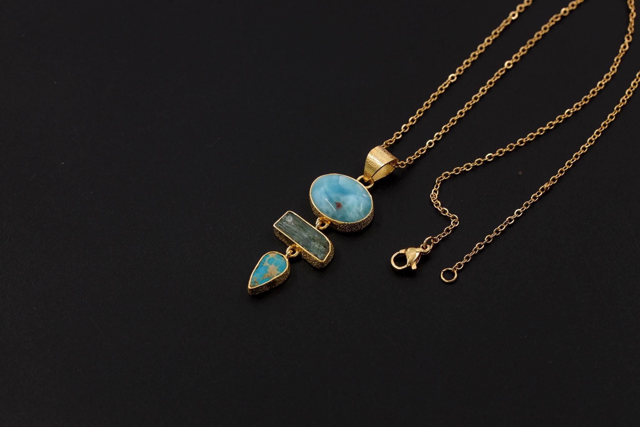 High Grade Larimar, Sleeping Beauty Arizona Turquoise, Raw Aquamarine Pendant, 925 Silver Gold Plated, Throat Chakra, Boho Jewelry Gift