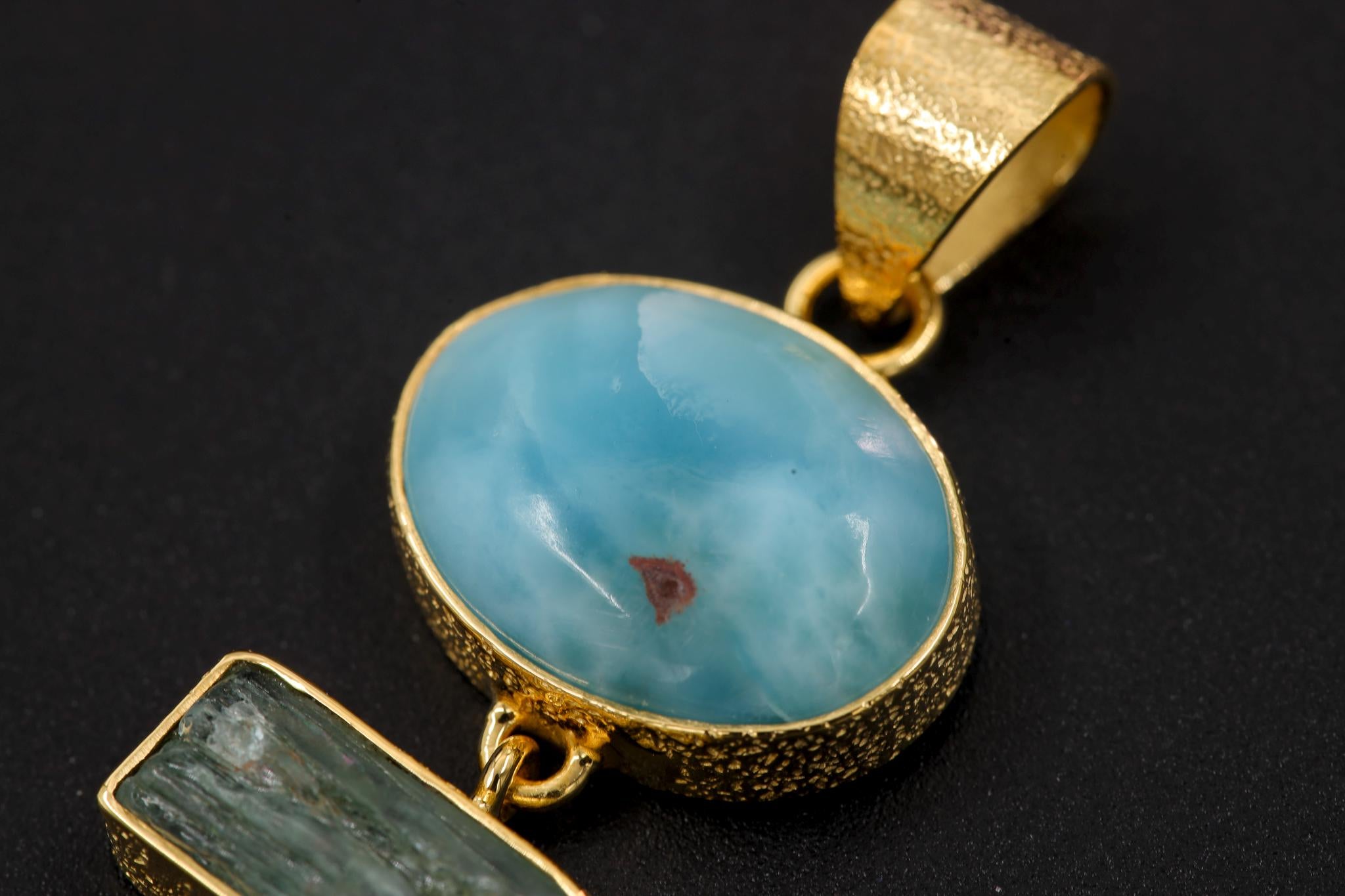 High Grade Larimar, Sleeping Beauty Arizona Turquoise, Raw Aquamarine Pendant, 925 Silver Gold Plated, Throat Chakra, Boho Jewelry Gift