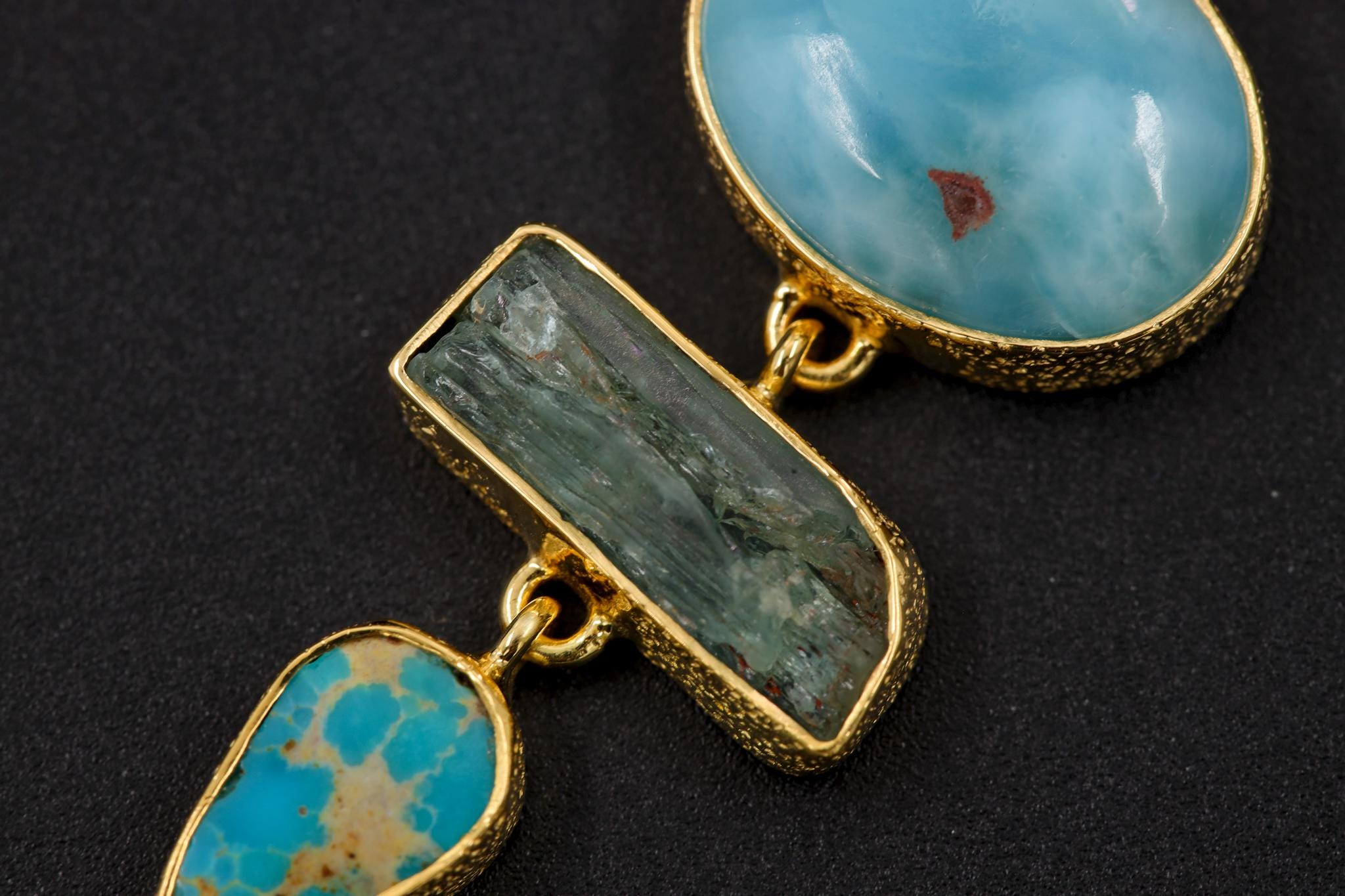 High Grade Larimar, Sleeping Beauty Arizona Turquoise, Raw Aquamarine Pendant, 925 Silver Gold Plated, Throat Chakra, Boho Jewelry Gift