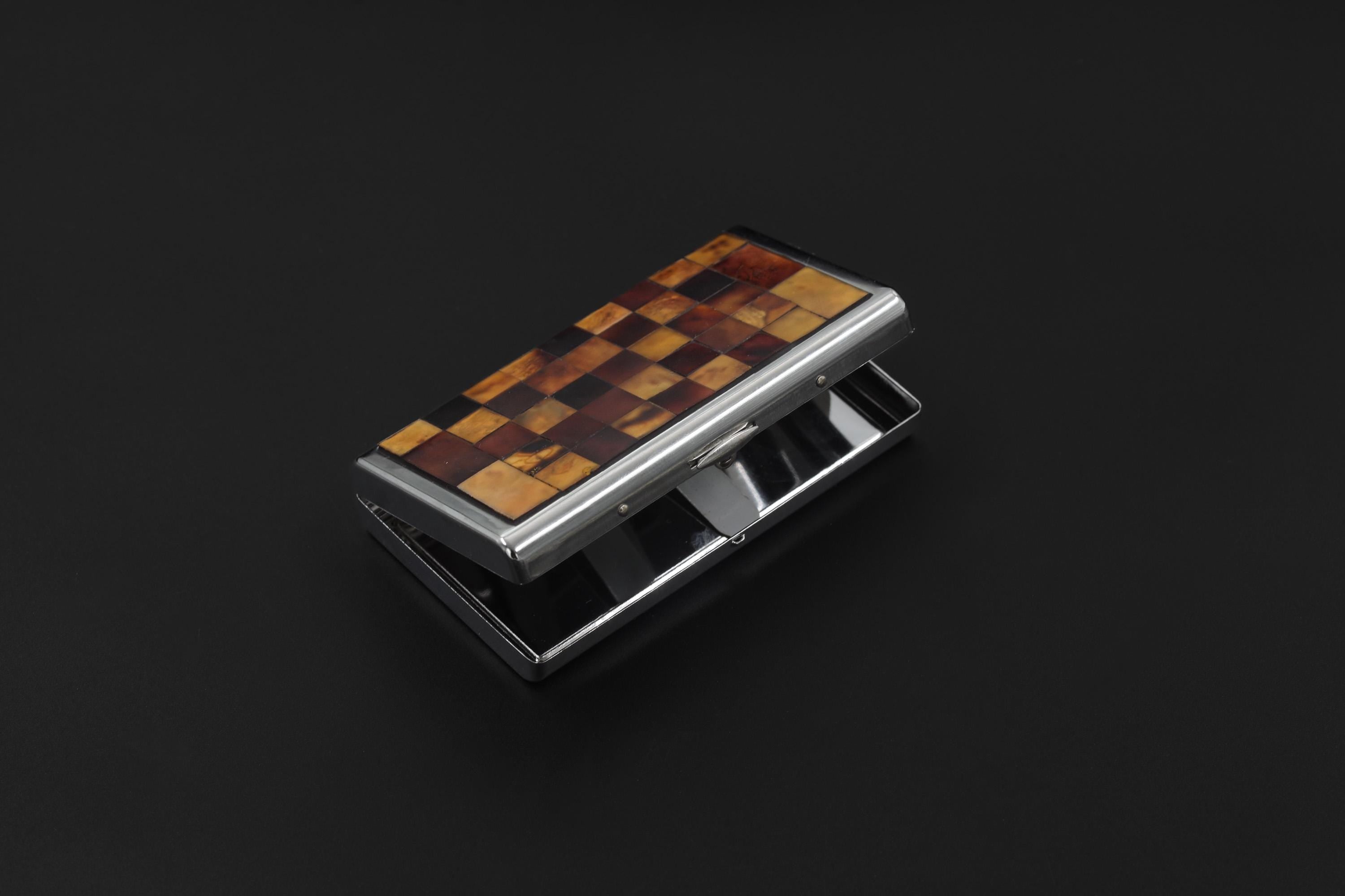 Orwell Checkerboard Cigarette Case, Slim Metal Box with Shell Inlay, Modern Minimalist Smoking Accessory, Vintage Gift for Smokers