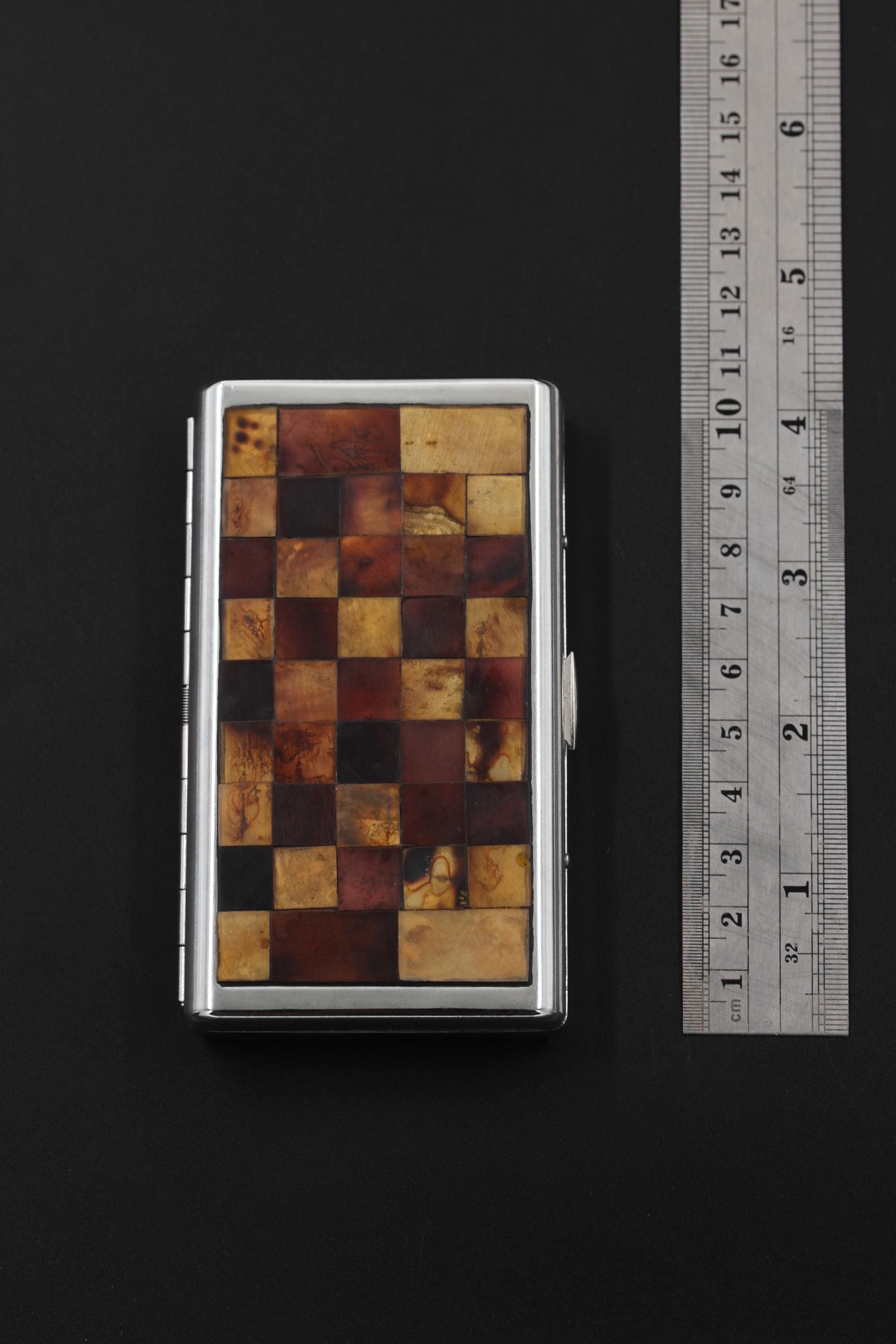 Orwell Checkerboard Cigarette Case, Slim Metal Box with Shell Inlay, Modern Minimalist Smoking Accessory, Vintage Gift for Smokers