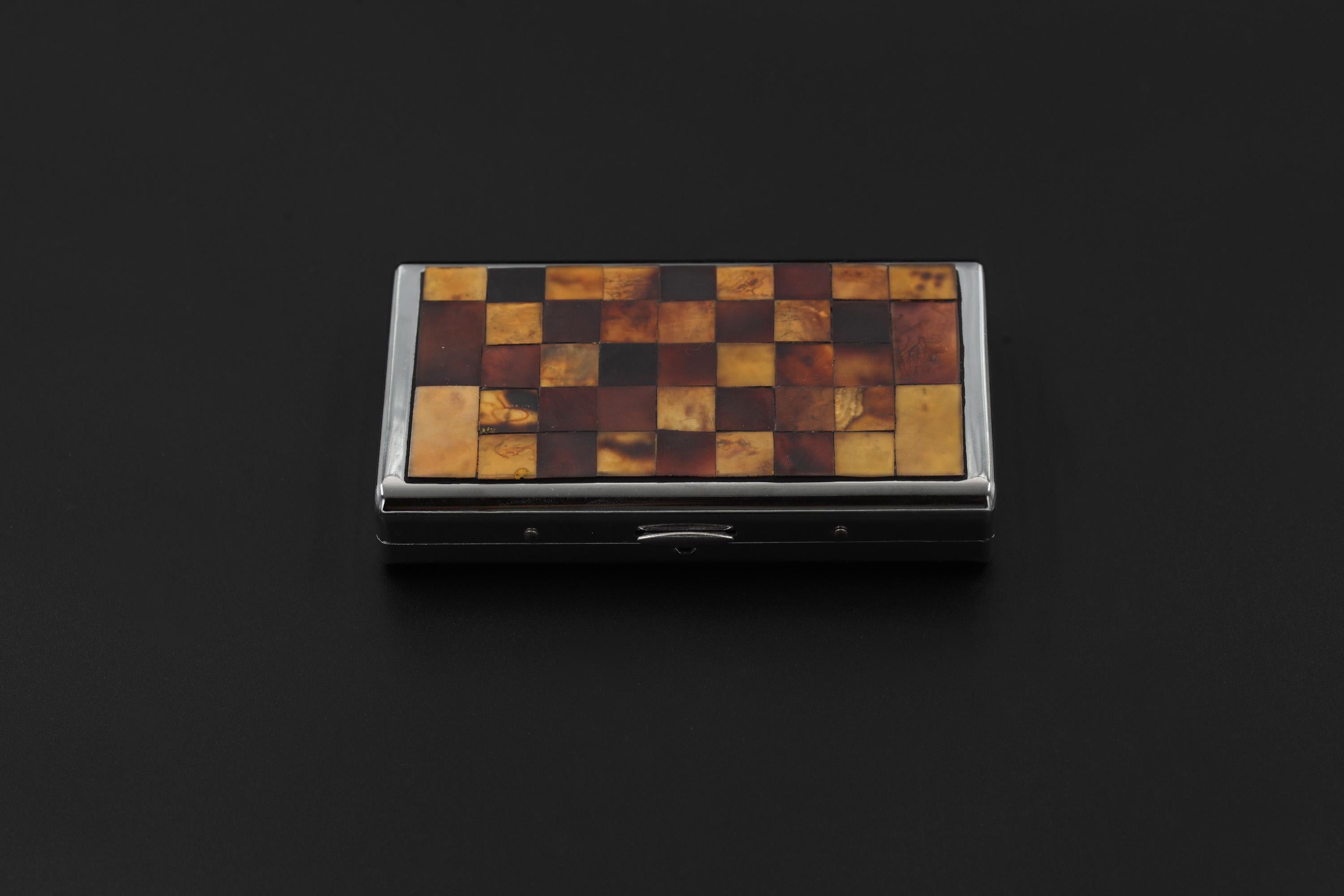 Orwell Checkerboard Cigarette Case, Slim Metal Box with Shell Inlay, Modern Minimalist Smoking Accessory, Vintage Gift for Smokers