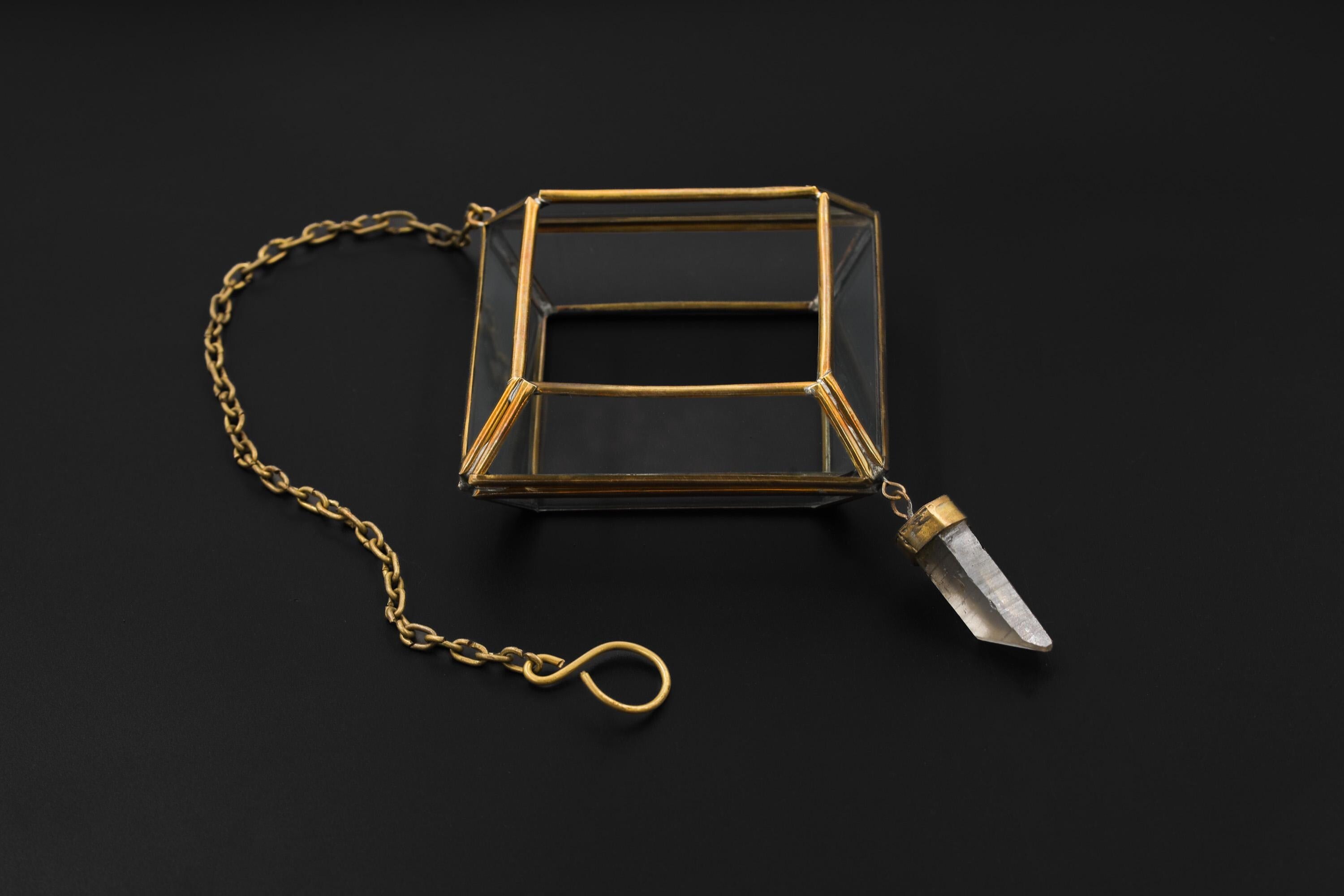 Quartz Reliquary Hanging Decoration – Geometric Glass & Brass Ornament, Raw Crystal Point, Sacred Home Decor