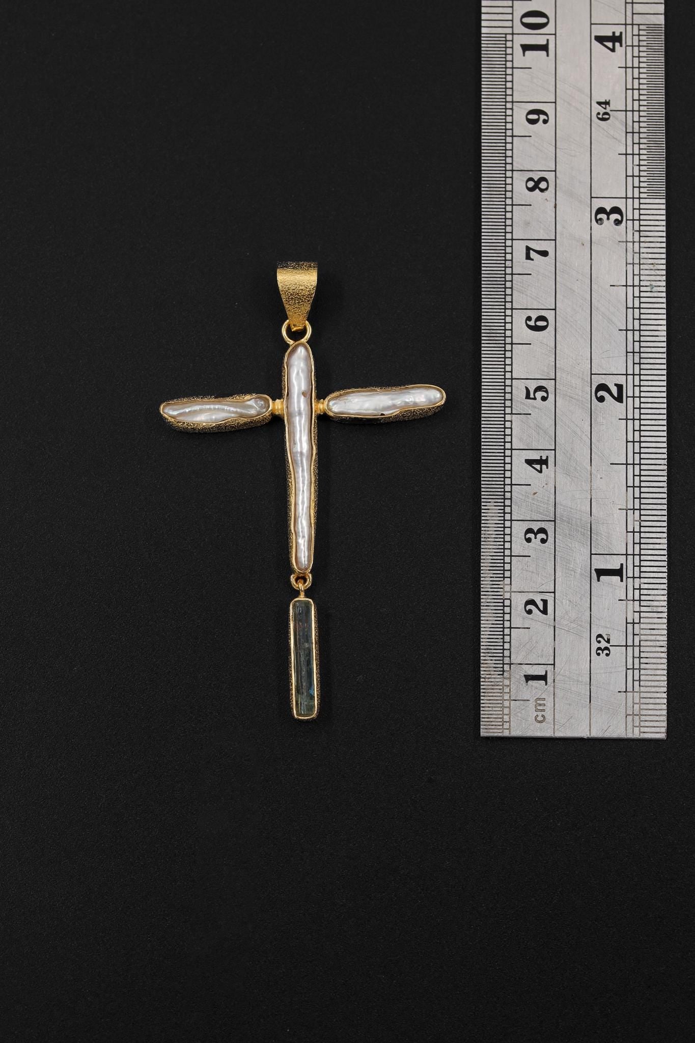 Raw Aquamarine & Pearl Cross Pendant, 925 Silver, Sacred Symbol Necklace, Spiritual Jewelry, Organic Texture, 18k Gold Plated,Christmas Gift