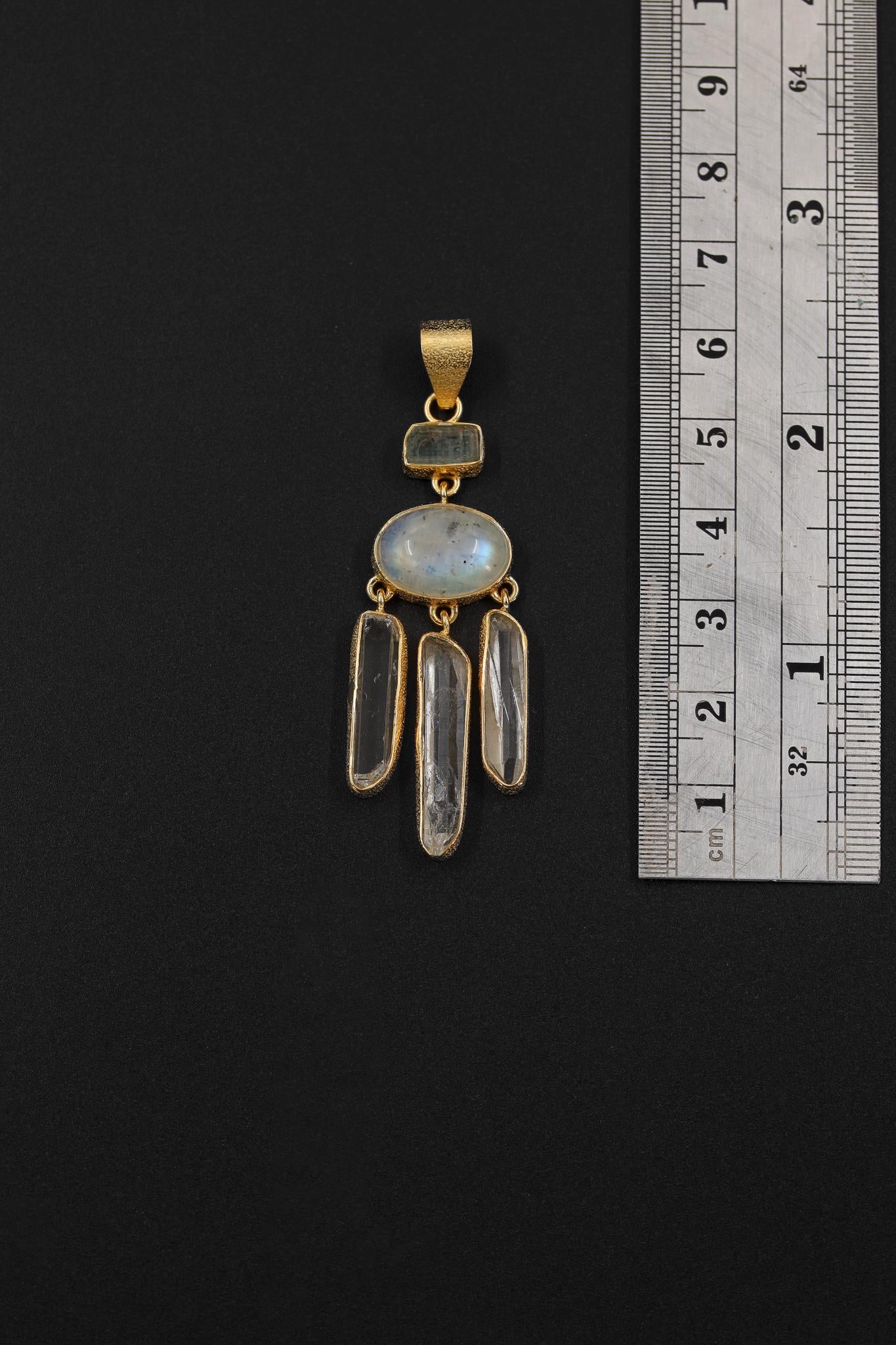Aquamarine Blue Moonstone Quartz Pendant, 925 Silver 18K Gold Plated, Raw Crystal Dangle Necklace, Crown Chakra, Dream Catcher Jewelry