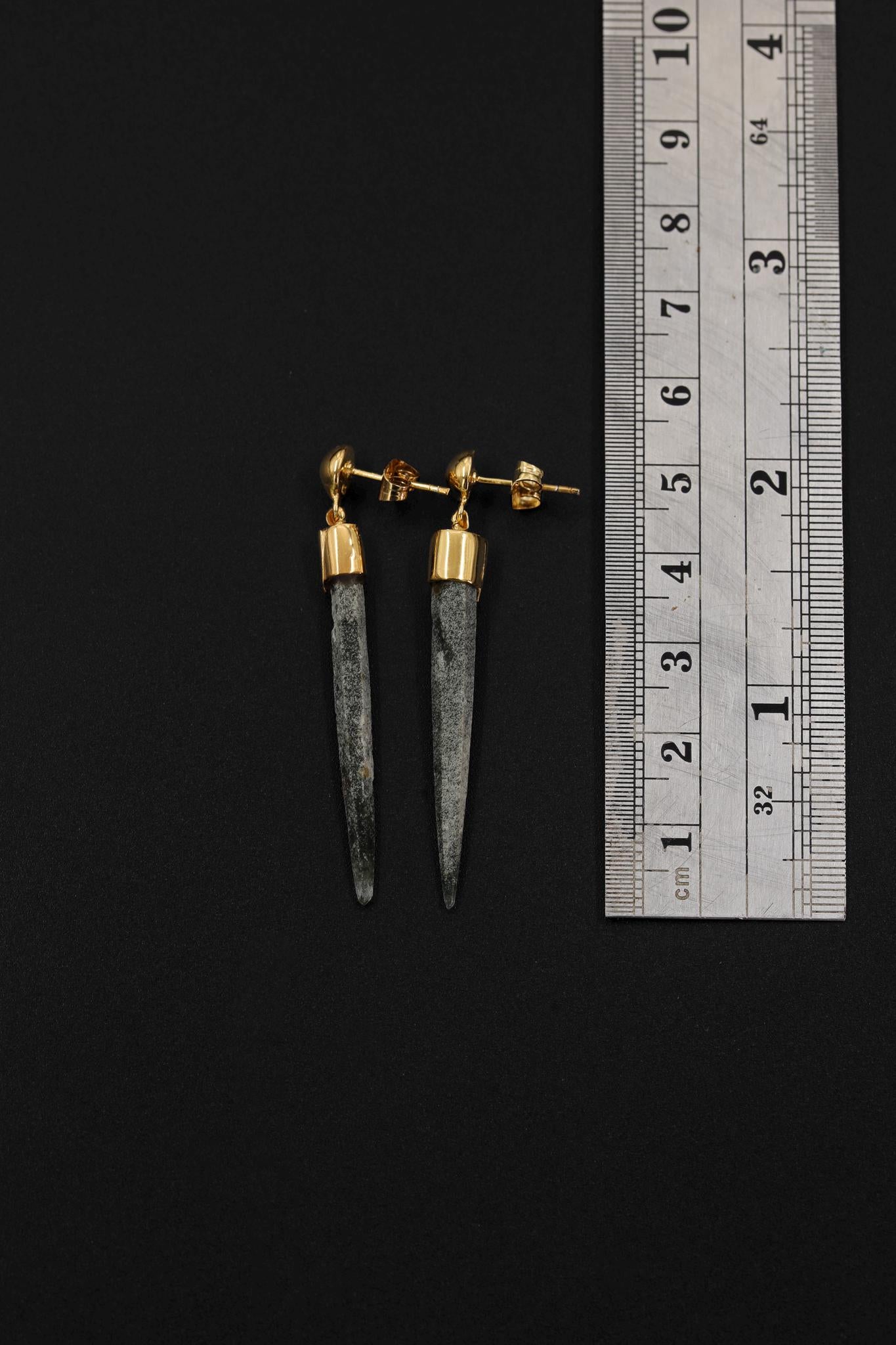 Chlorite Quartz Icicle Earrings, Himalayan Crystal Dangles, Gold Plated 925 Silver Studs, Raw Green Spikes, Protection Stone Jewelry