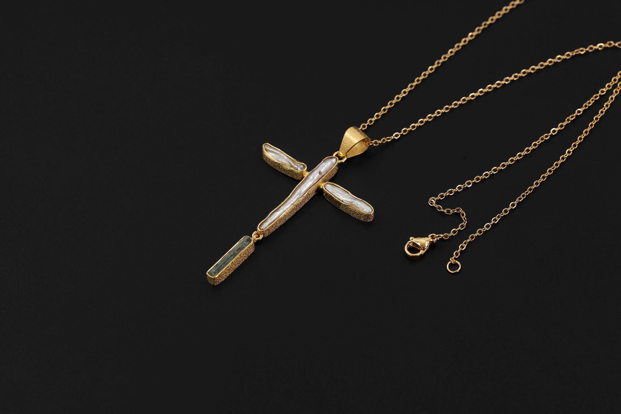 Raw Aquamarine & Pearl Cross Pendant, 925 Silver, Sacred Symbol Necklace, Spiritual Jewelry, Organic Texture, 18k Gold Plated,Christmas Gift