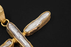 Raw Aquamarine & Pearl Cross Pendant, 925 Silver, Sacred Symbol Necklace, Spiritual Jewelry, Organic Texture, 18k Gold Plated,Christmas Gift