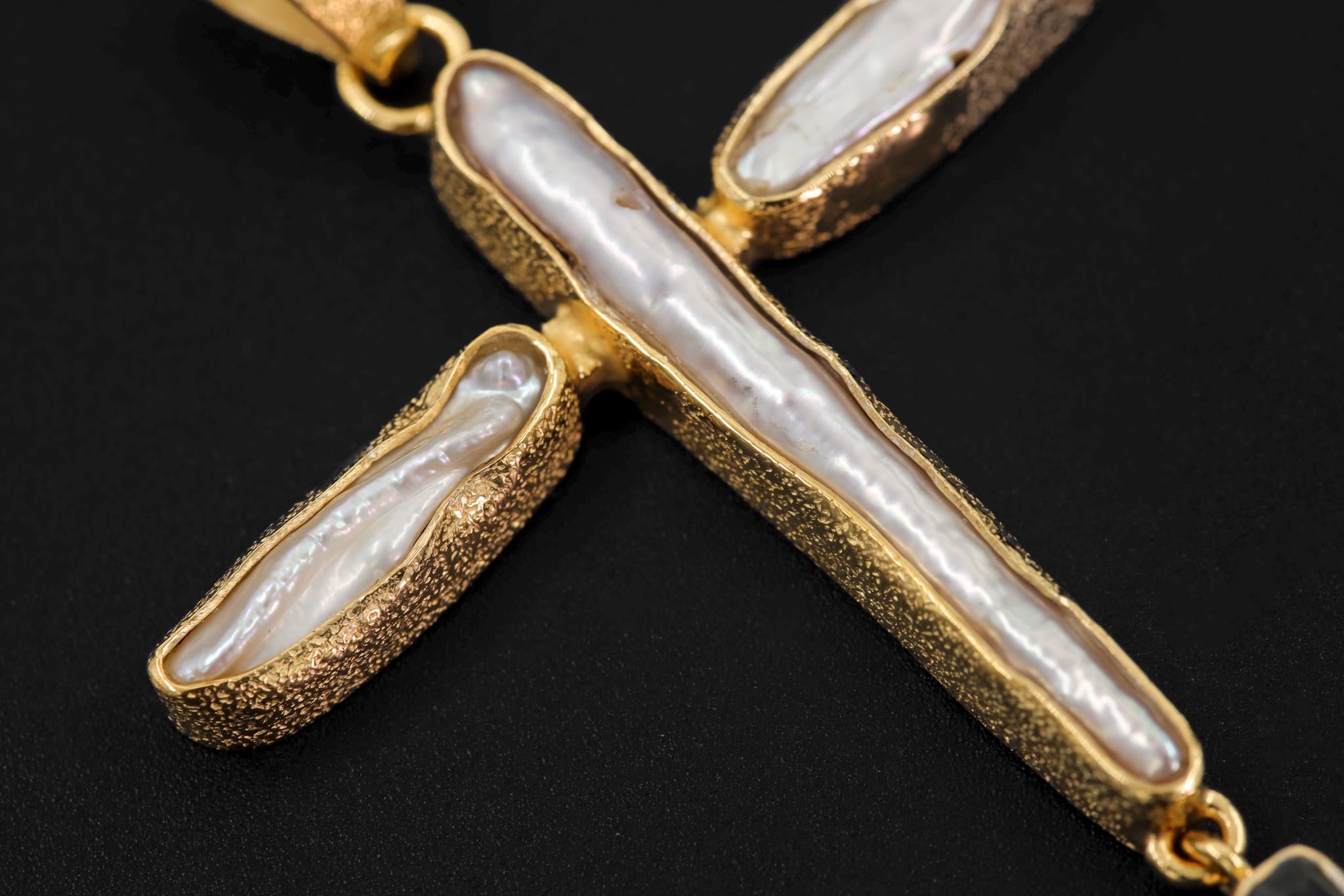 Raw Aquamarine & Pearl Cross Pendant, 925 Silver, Sacred Symbol Necklace, Spiritual Jewelry, Organic Texture, 18k Gold Plated,Christmas Gift