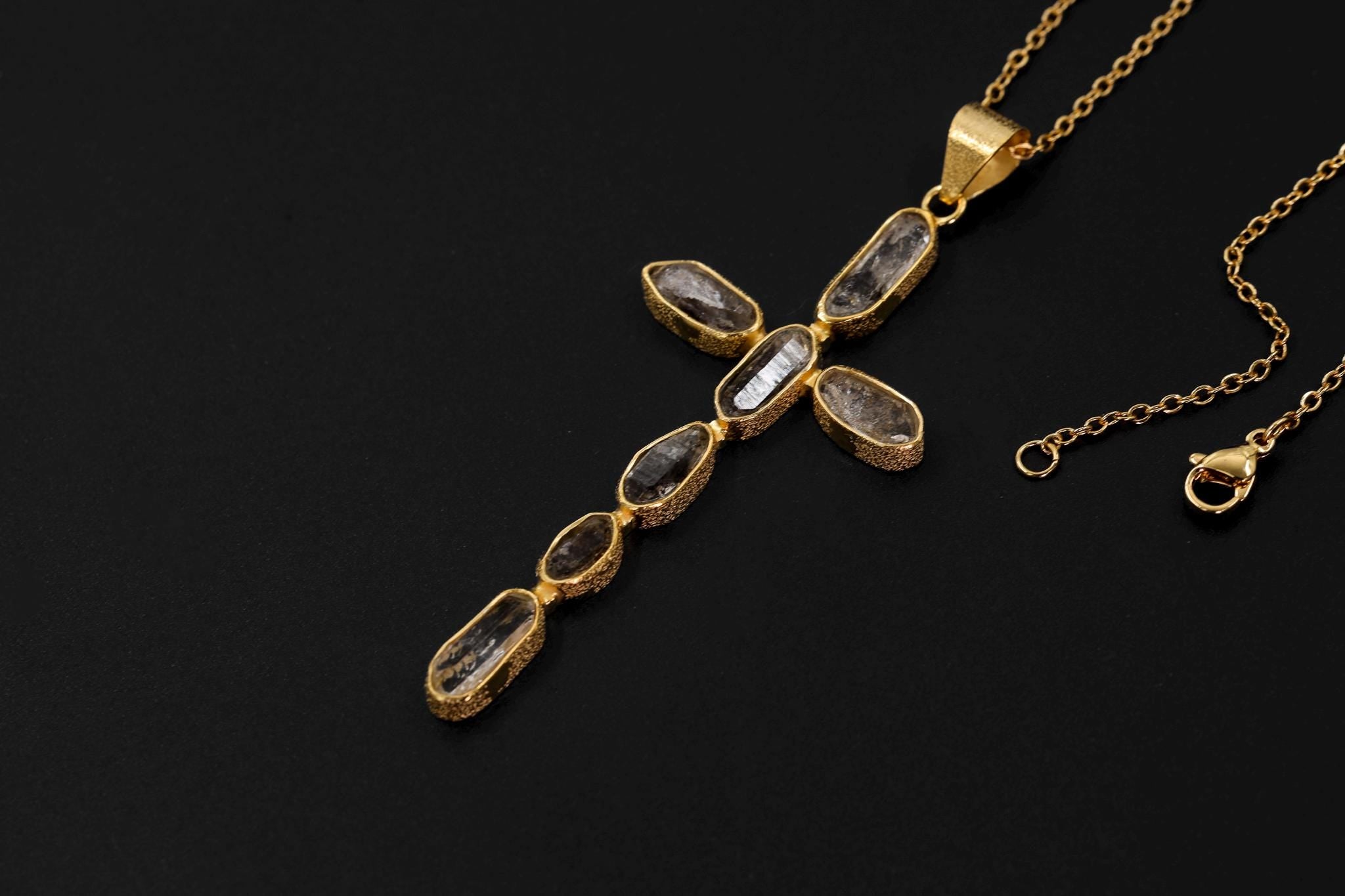 Petroleum Smoky Quartz Cross, 925 Silver, 18K Gold Plated, Raw Crystal Talisman, Spiritual Jewelry, Organic Textured Cross Pendant
