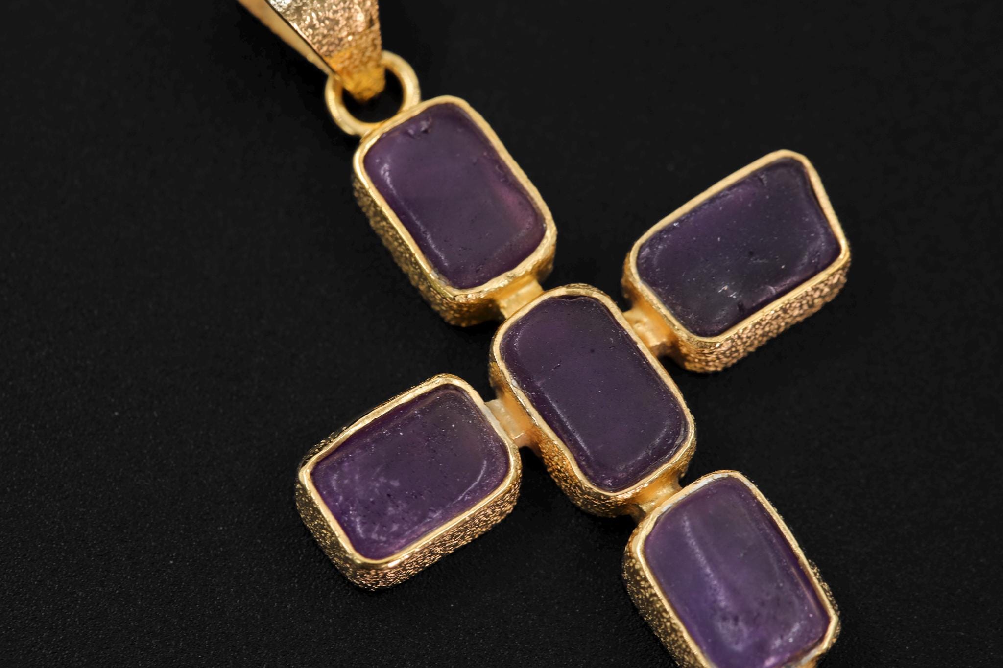 Amethyst Cross Pendant, Raw Square Gemstones, 925 Silver 18K Gold Plated, Spiritual Necklace, Organic Finish, Chakra Healing Gift