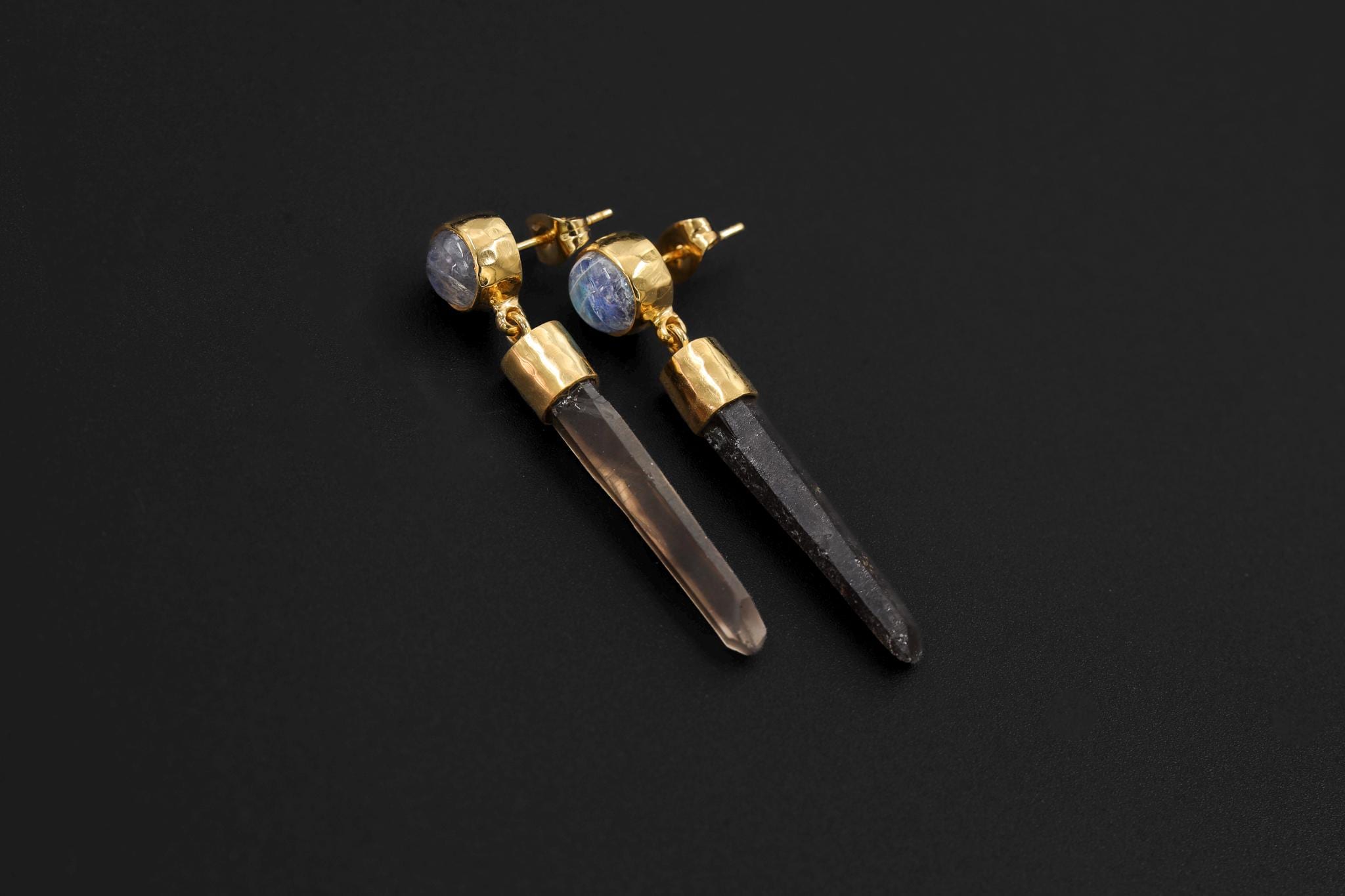 Blue Moonstone Smoky Quartz Earrings, 925 Silver 18K Gold Plated, Hammered Texture, Crystal Dangle Studs, Spiritual Healing Jewelry
