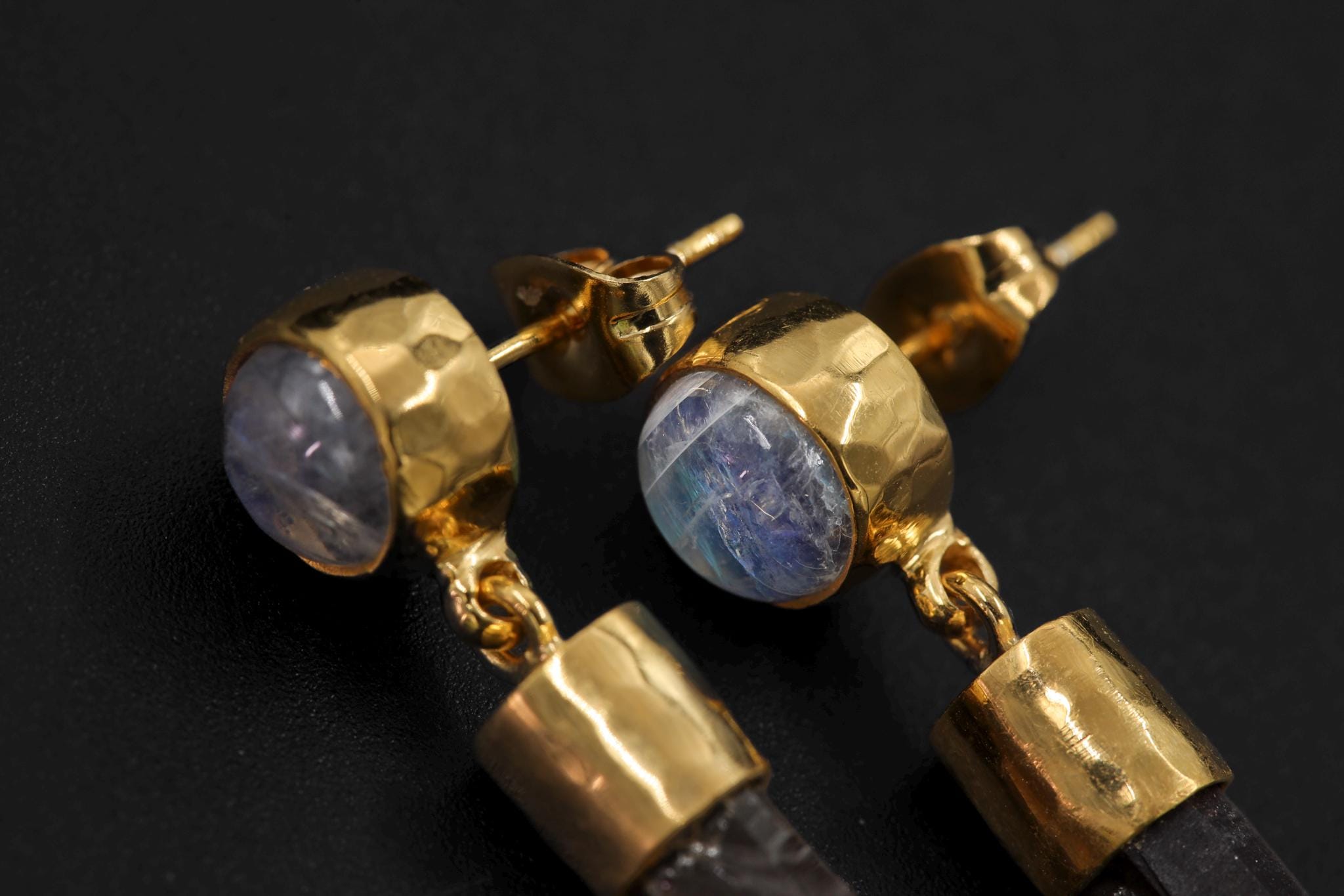 Blue Moonstone Smoky Quartz Earrings, 925 Silver 18K Gold Plated, Hammered Texture, Crystal Dangle Studs, Spiritual Healing Jewelry