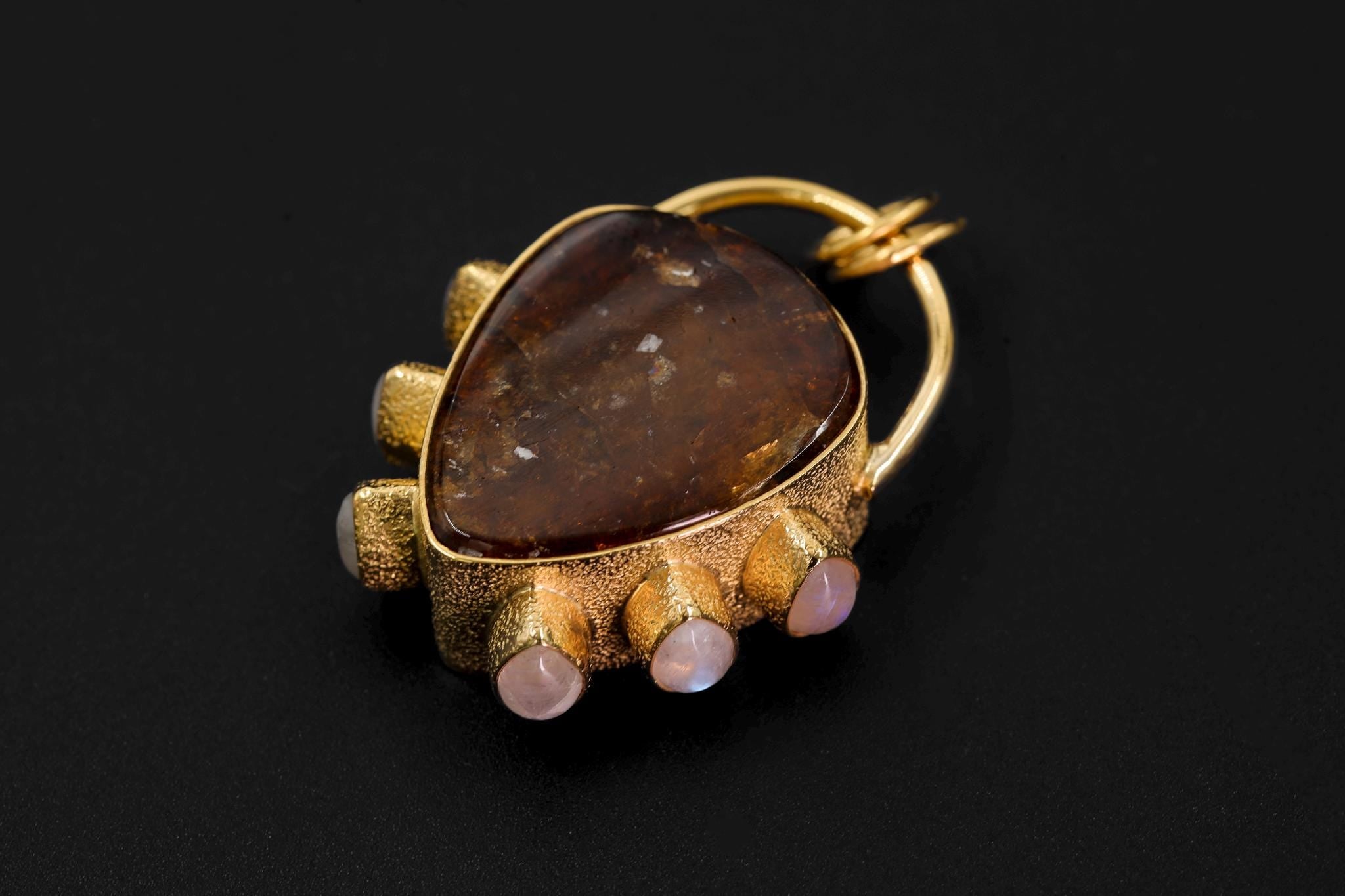 Brown Dravite Tourmaline & Blue Moonstone Pendant, 925 Silver 18k Gold Plated, Organic Texture, Chakra Healing, Unique Gift Jewelry