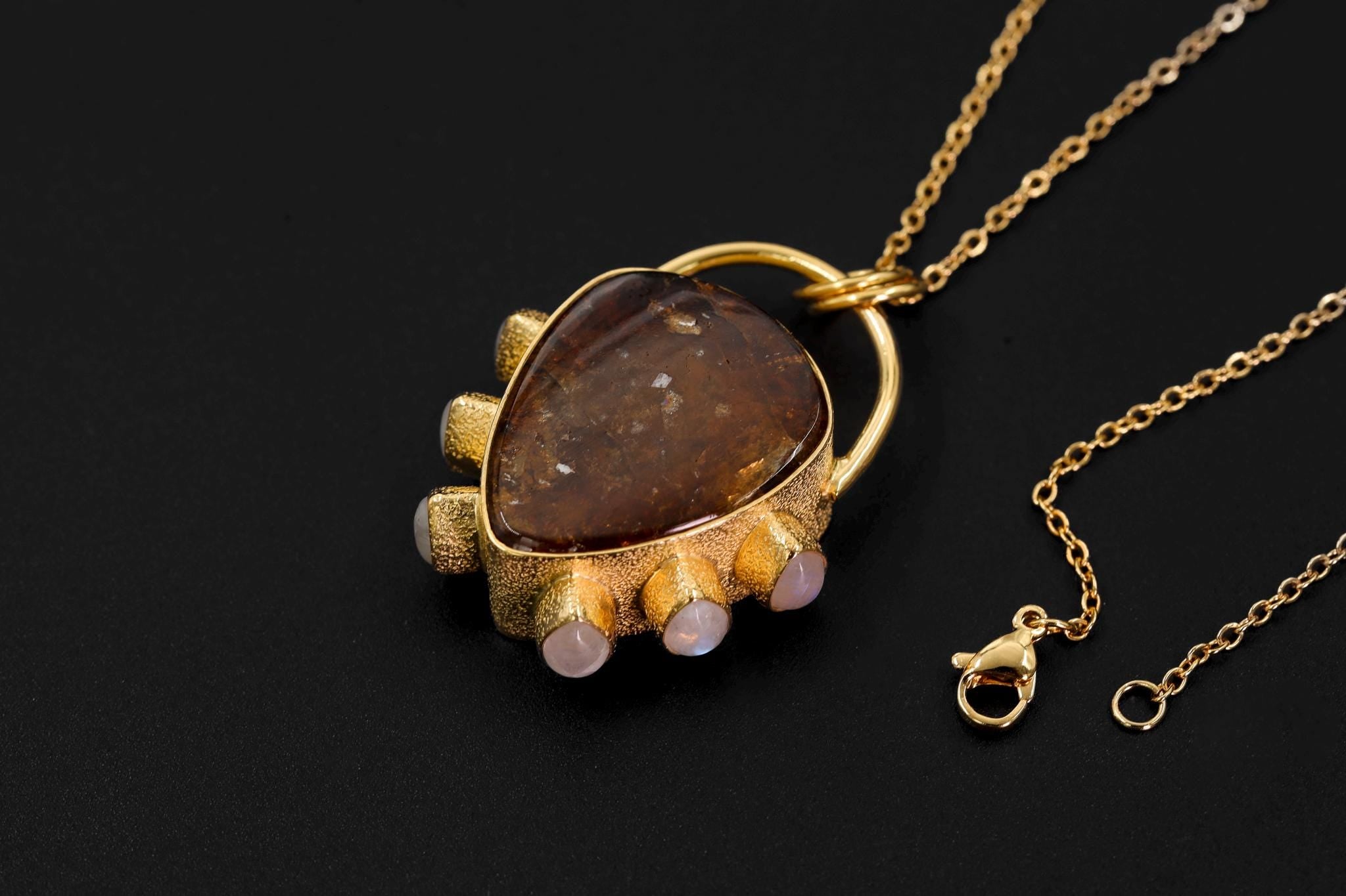 Dravite Tourmaline & Moonstone Pendant, 18k Gold Plated Silver, Organic Texture